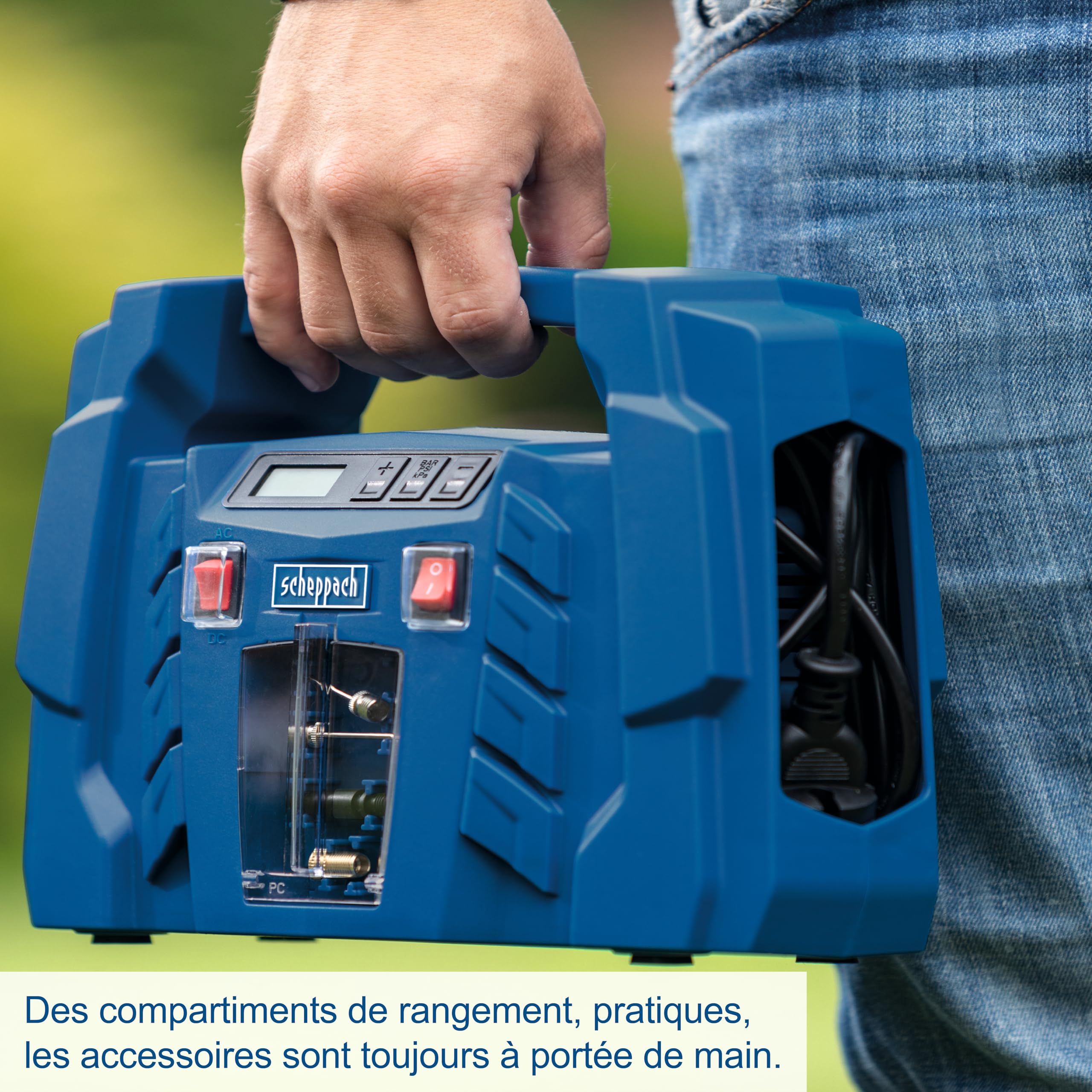 Scheppach Compresseur d’air portatif Airforce5-150W - raccordement 12V / 230V - Affichage digital - 8 bar de pression - admission d'air de 36,5 l/min - Accessoires inclus