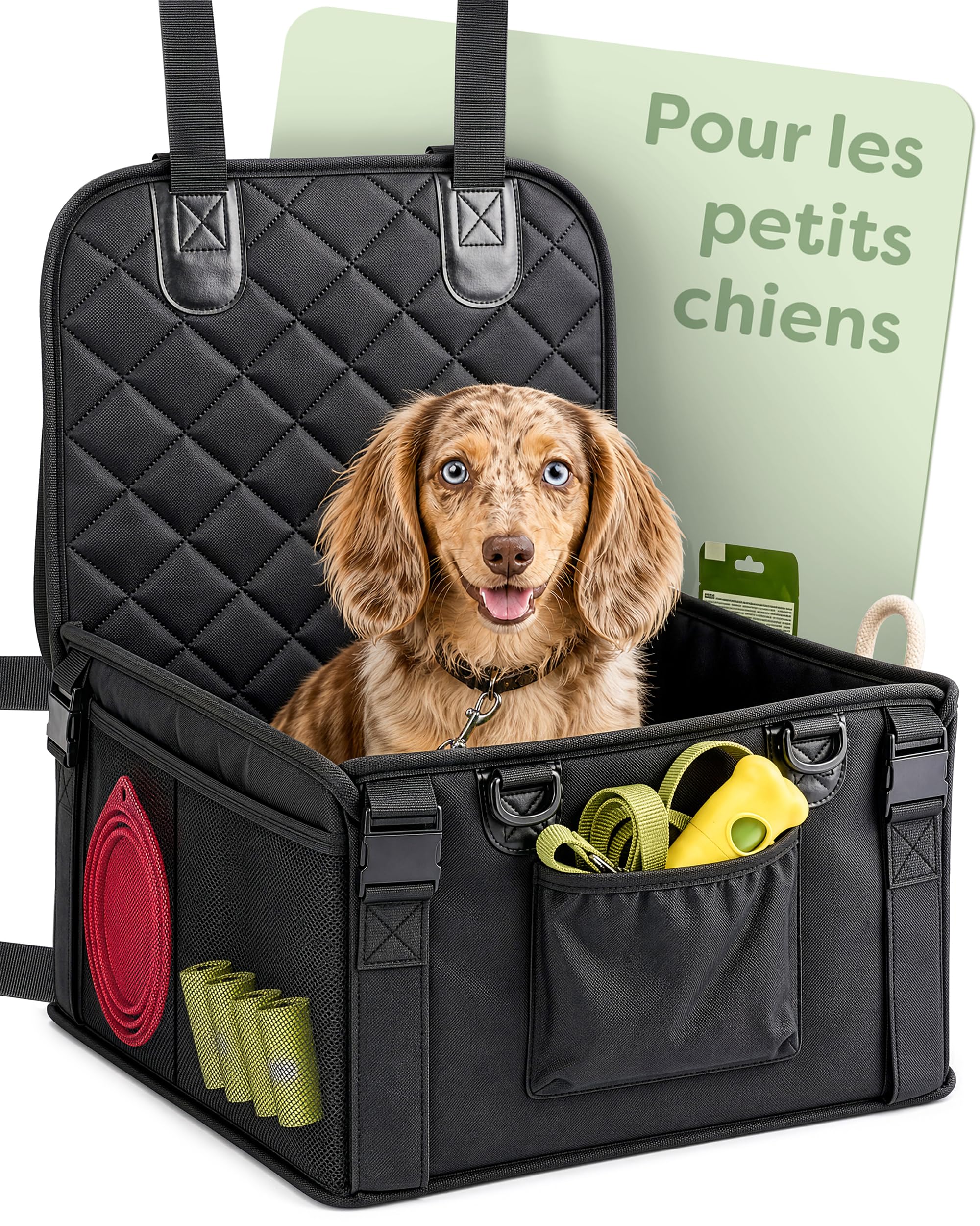 Knupis Siège Auto pour Petit Chien – Déperlant et Résistant aux Rayures avec 5 Poches – 4 Sangles de Fixation et Laisse Attachée – Parois Renforcées avec Dessous Antidérapant – Panier Chien Voiture