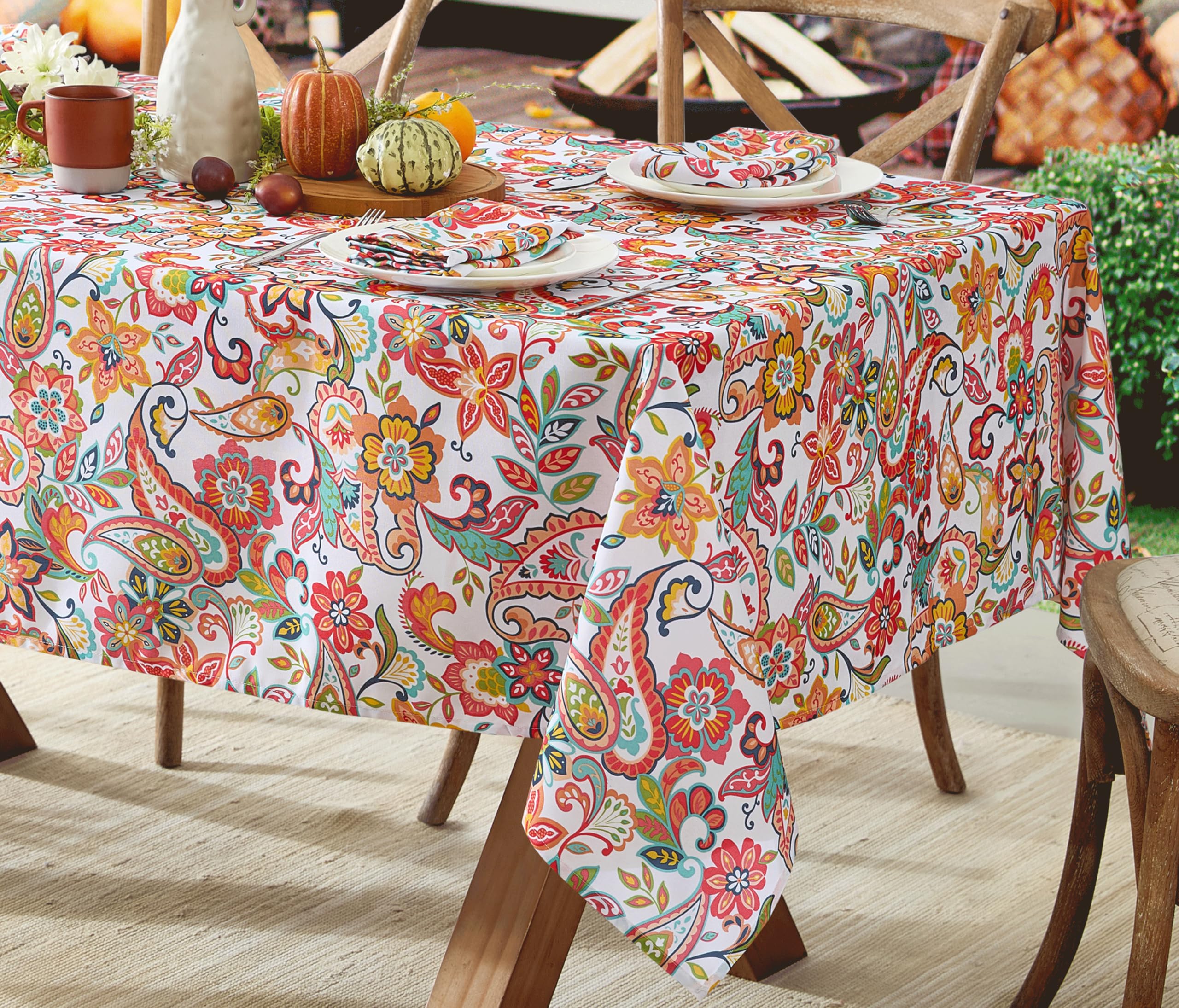Newbridge Bohemian Coral Paisley Fabric Tablecloth, Multicolor Floral Boho Chic Pattern, Heavyweight Stain and Water Resistant Table Cover, 60 x 102