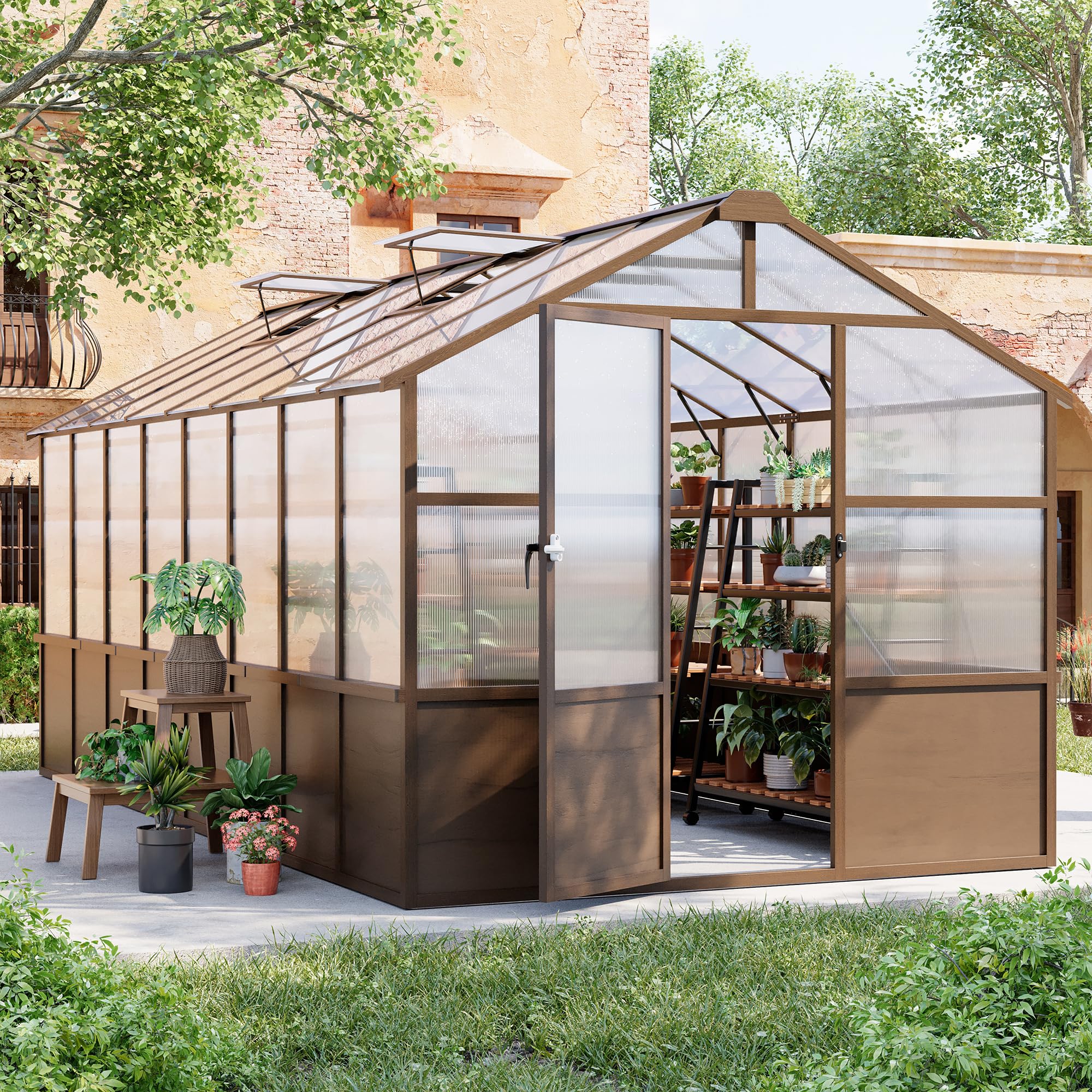8x16 FT Wooden Greenhouse for Outdoors, Walk in Polycarbonate Greenhouse with Locked Door and Roof Vent, Heavy Duty Green Houses with Cedar Frame for Outside, Garden, Backyard, Brown