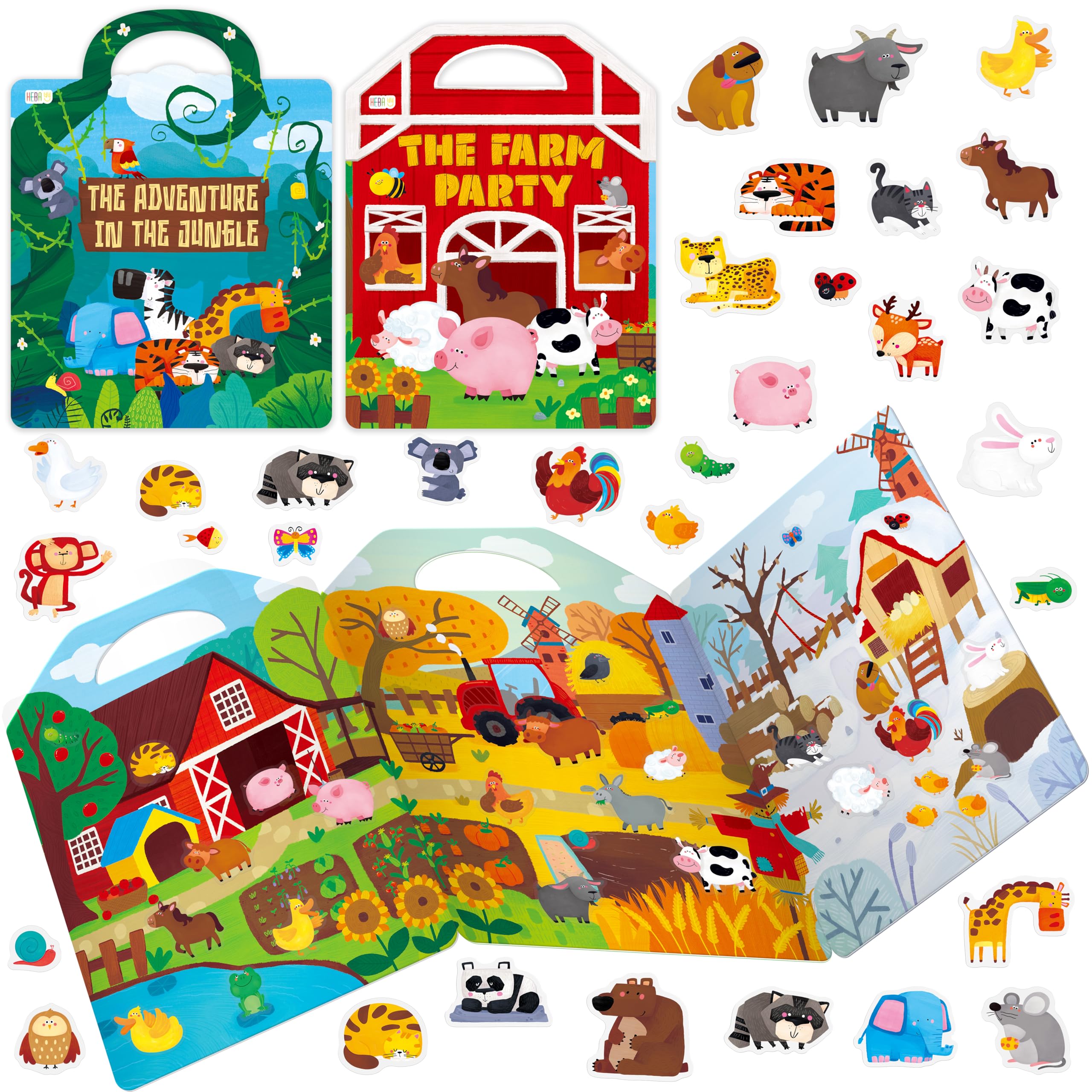 2 Packs Reusable Sticker Books, 70 Waterproof Animal Static Stickers-Farm Animal & Wild Animal Decals Matching Game Activity Books Educational Learning Toys for Toddlers Girls Boys Preschooler
