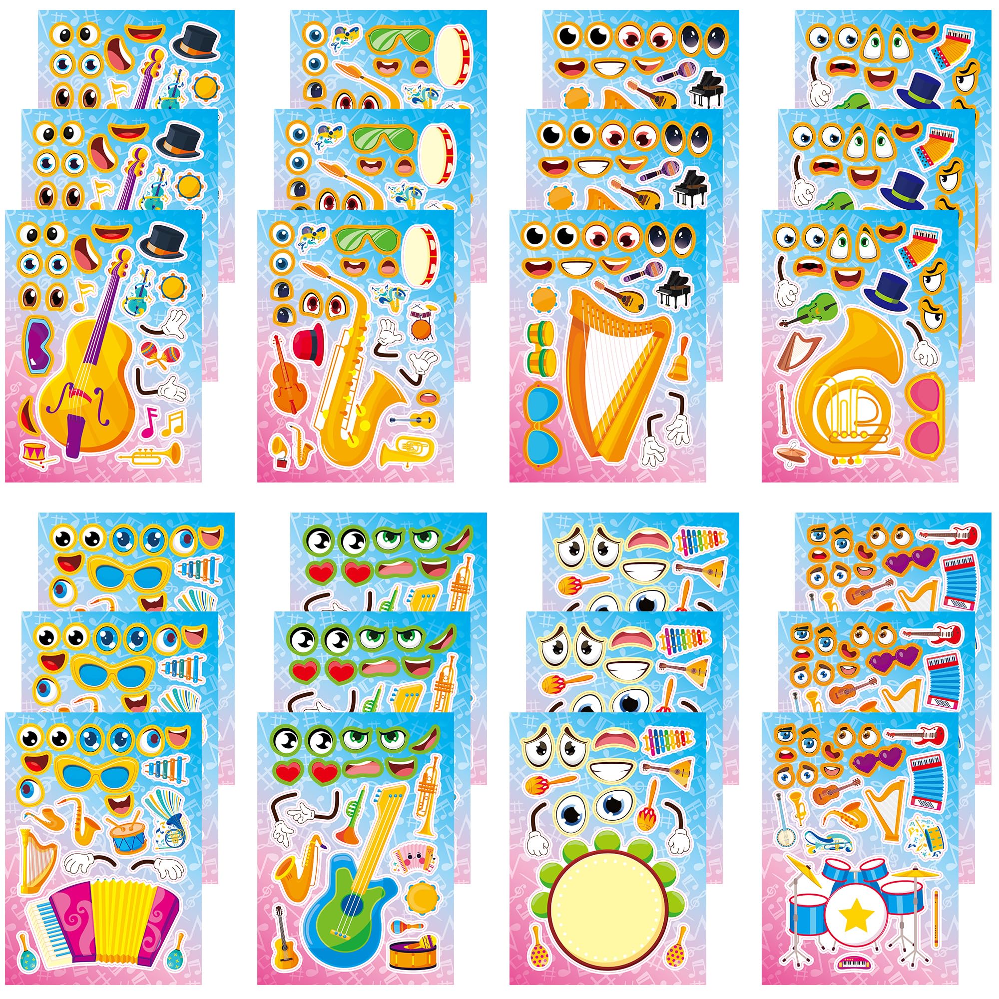 Dorgua 24 Sheets Instrument Make a Face Stickers, Guitar Drum Party Games Decal Mix and Match Sticker, Make Your Own Instrument Stickers DIY Crafts