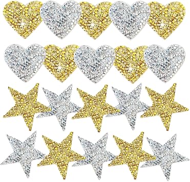 20 Pcs Rhinestone Heart Star Patches Appliques Iron on Patches Gold Clothing Decoration Rhinestone Patches Sliver Glitter Rhinestone Applique for DIY Craft,Jackets, Shirts,Clothing Repair,1.6inch