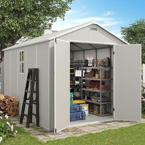 Outdoor Storage Shed, 8x10 FT Resin Shed with Floor and Lockable Door, Vents & Window, Tool Sheds for Bike, Garden Accessories, Waterproof (Sandstone)