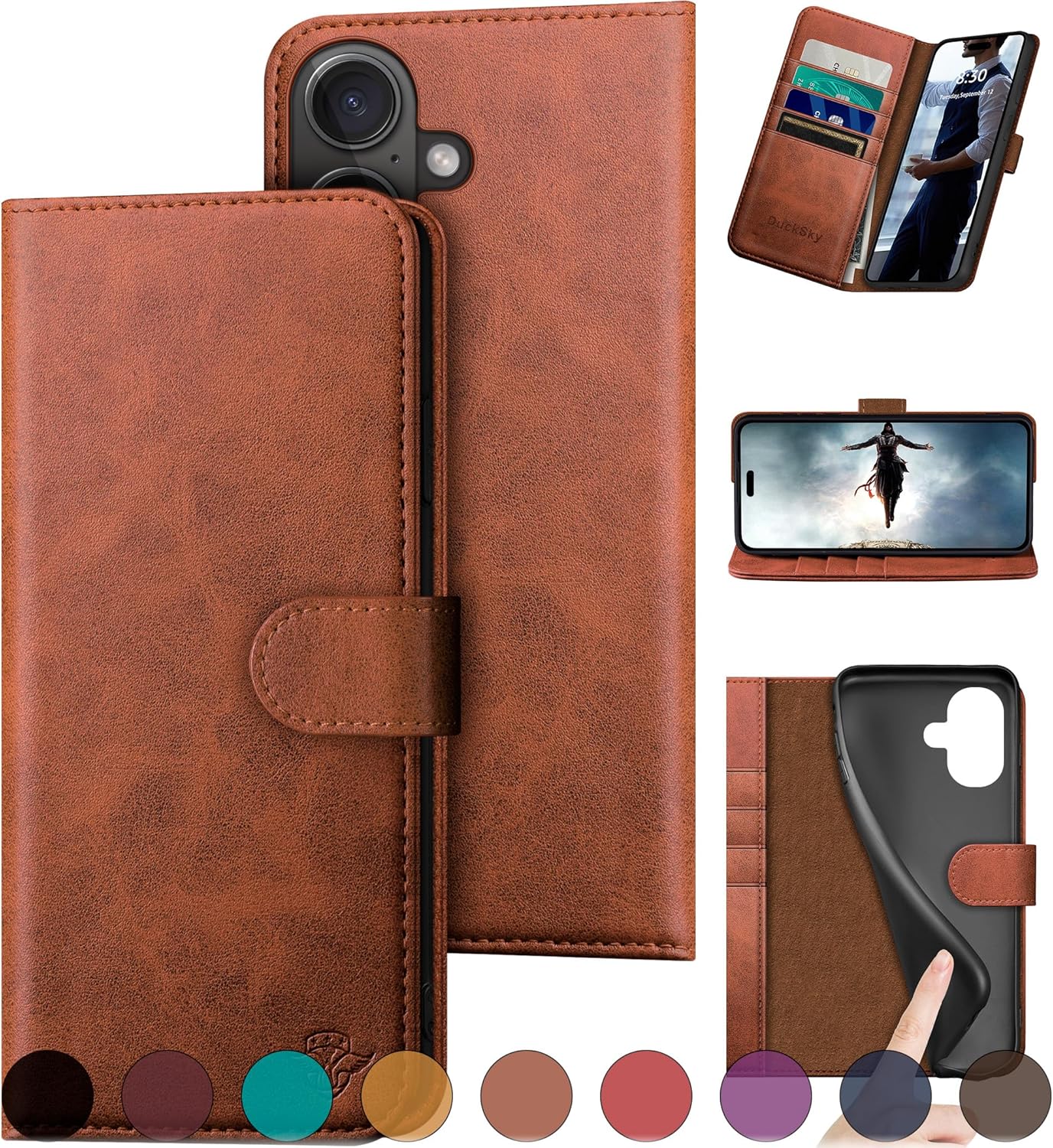 DuckSky Compatible with iPhone 16 6.1" Genuine Leather Wallet case【RFID Blocking】【4 Credit Card Holder】【Real Leather】 Flip Folio Book Phone case Protective Cover Women Men for Apple 16 case Wine Red