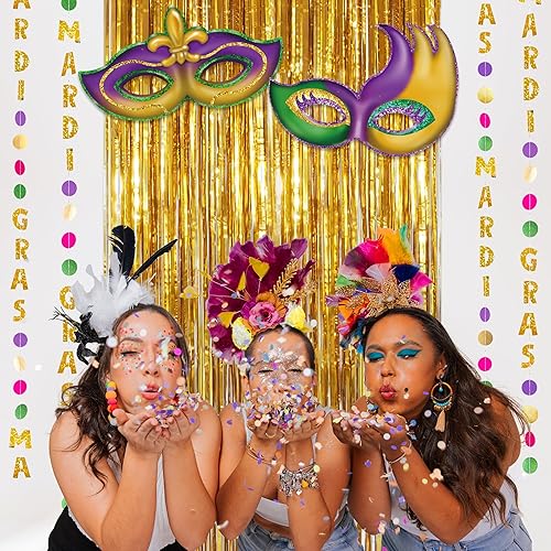 Miniatura 5 de Cortina de telón de fondo de guirnalda de Mardi Gras con máscara de carnaval, temática de martes gordos colgantes, decoraciones de fiesta de