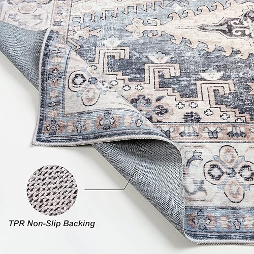 Miniatura 4 de Valenrug Tapete tribal lavable a máquina, 5 x 7 pies, medallón envejecido, color azulbeige