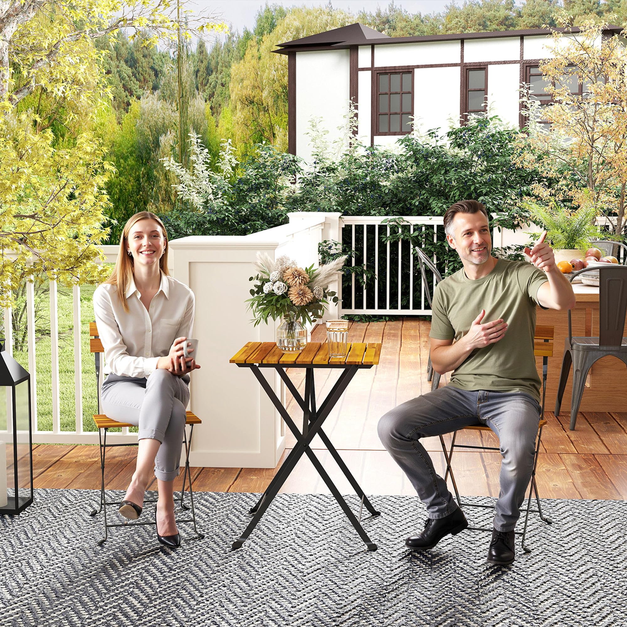 Outsunny Ensemble Bistrot de Jardin 3 Pièces, Salon de Jardin Extérieur 2 Personnes, Table Basse en Bois d'Acacia et Acier