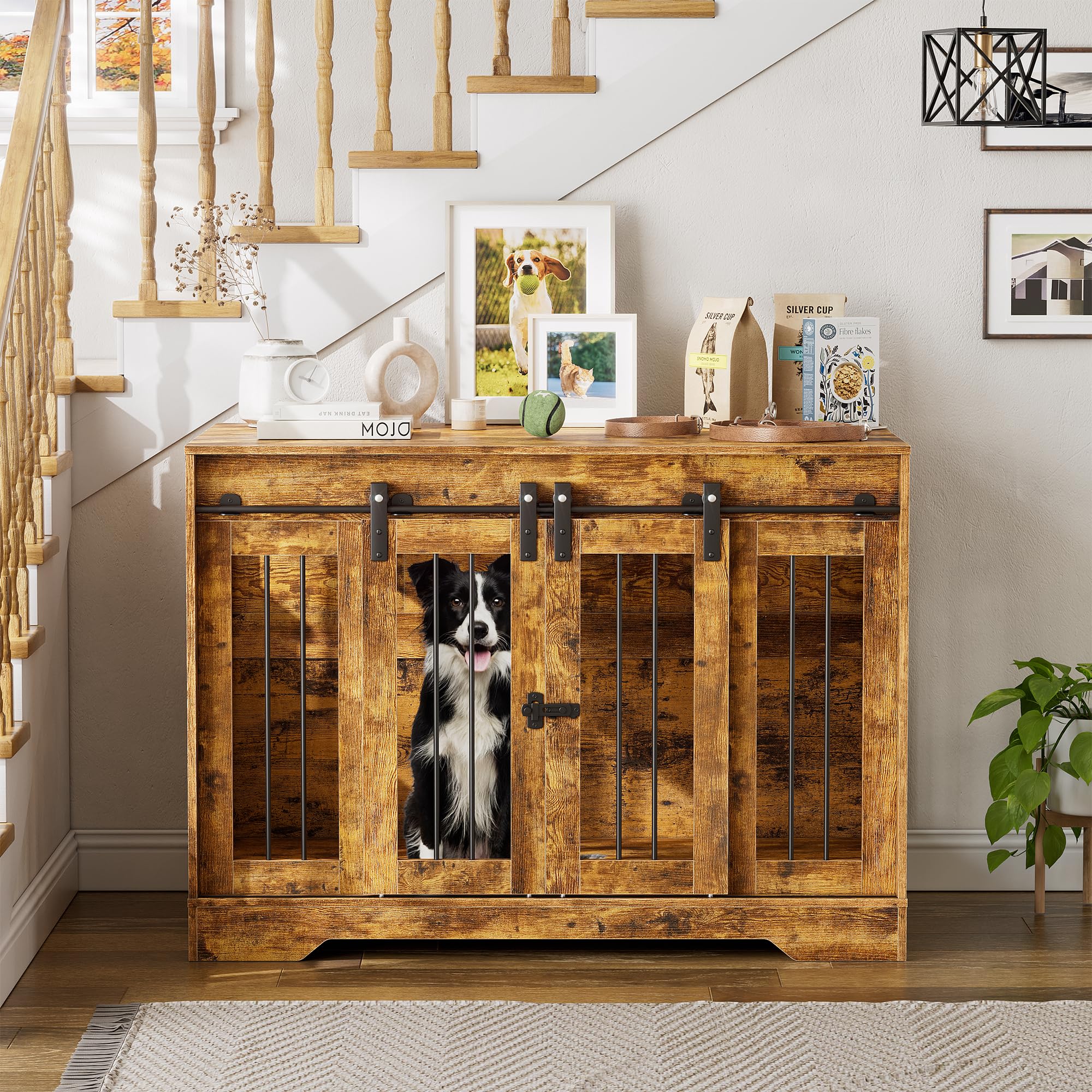 MSFE Jaula Mueble de Madera para Perros,Jaula para Perros para Interior en Casa con Puertas corredizas dobles y Cerradura de puerta lateral para perros medianos y grandes,Jaula Perro 105*58*75.4cm