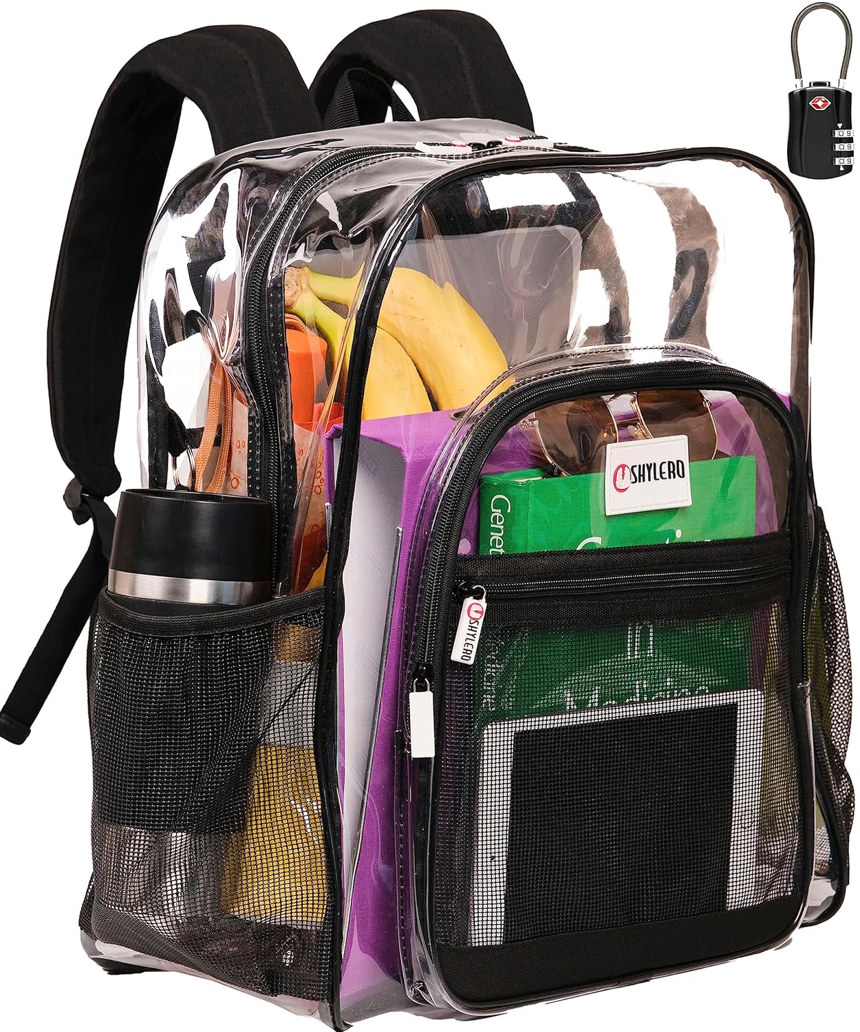 Clear Backpack Heavy Duty has TSA Lock 2-Way Zipper PVC Transparent Backpack X-Large - H18xW14xD8 - Black