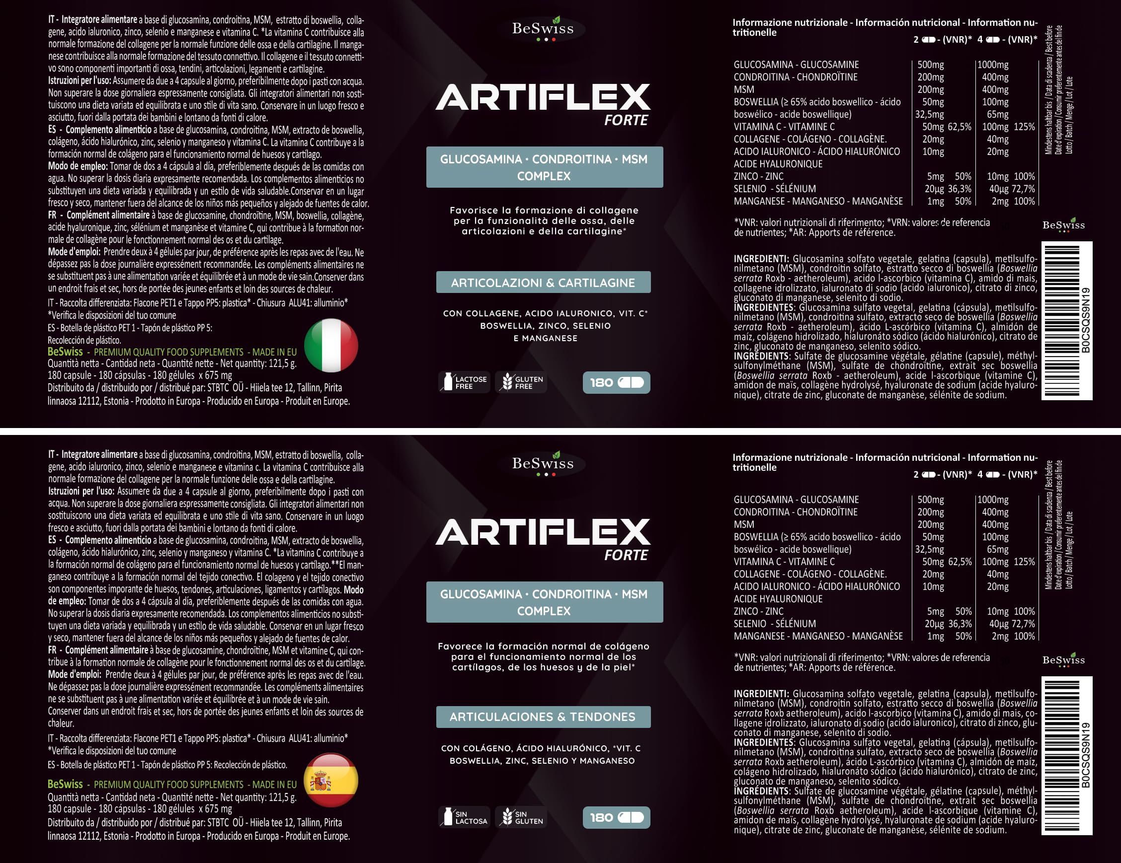 Artiflex Glucosamina Condroitina MSM - 180 Capsule Integratore per Ossa Articolazioni Cartilagine | con Collagene, Acido Ialuronico, Boswellia, Vitamine e Minerali | Alto Dosaggio