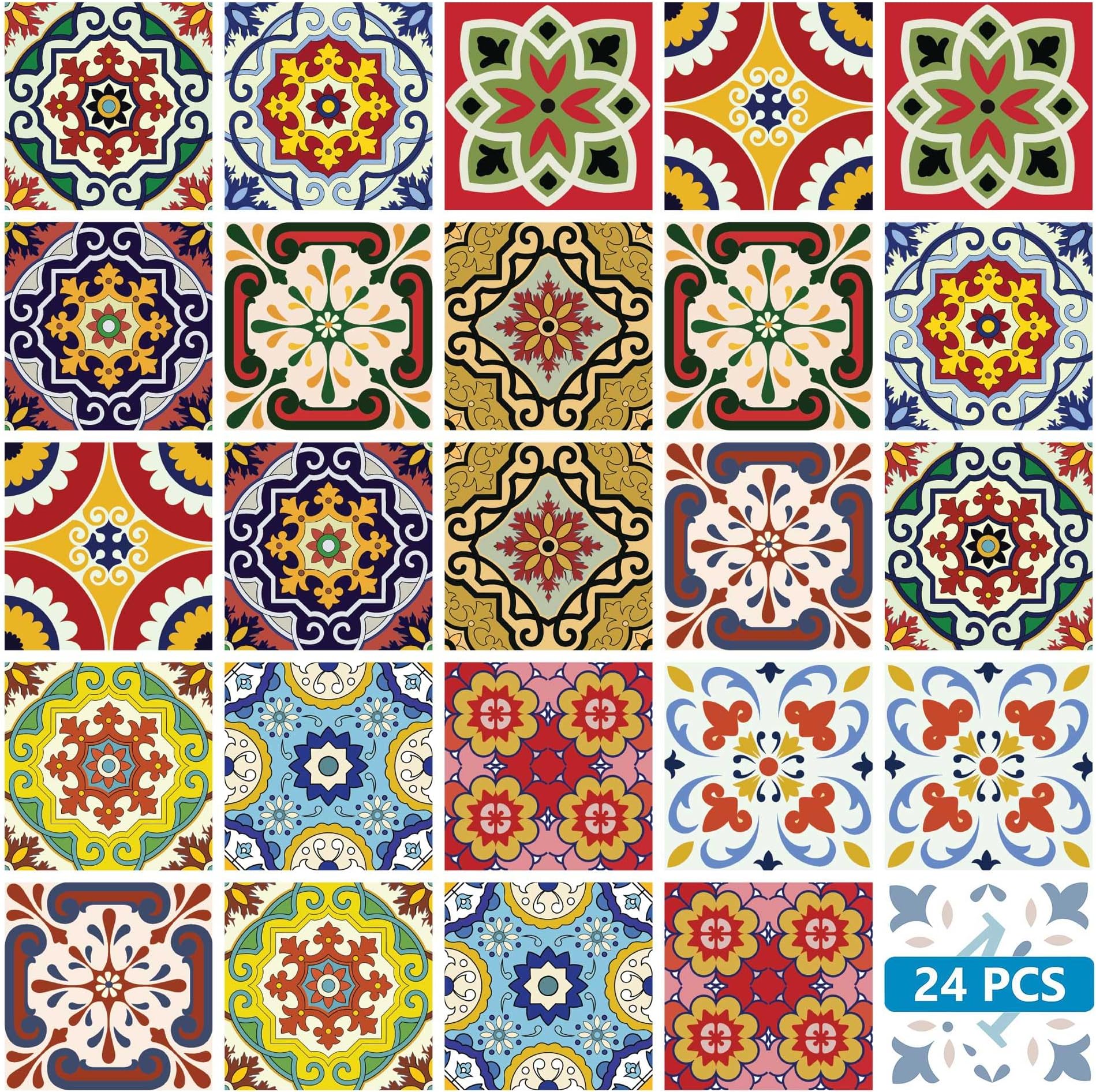 Mi Alma Backsplash Tile Stickers 24 PC Set Authentic Traditional Talavera Tiles Stickersl Bathroom & Kitchen Tile Decals Easy to Apply Just Peel and Stick Home Decor 4x4 Inch (Mexican Tile Art)