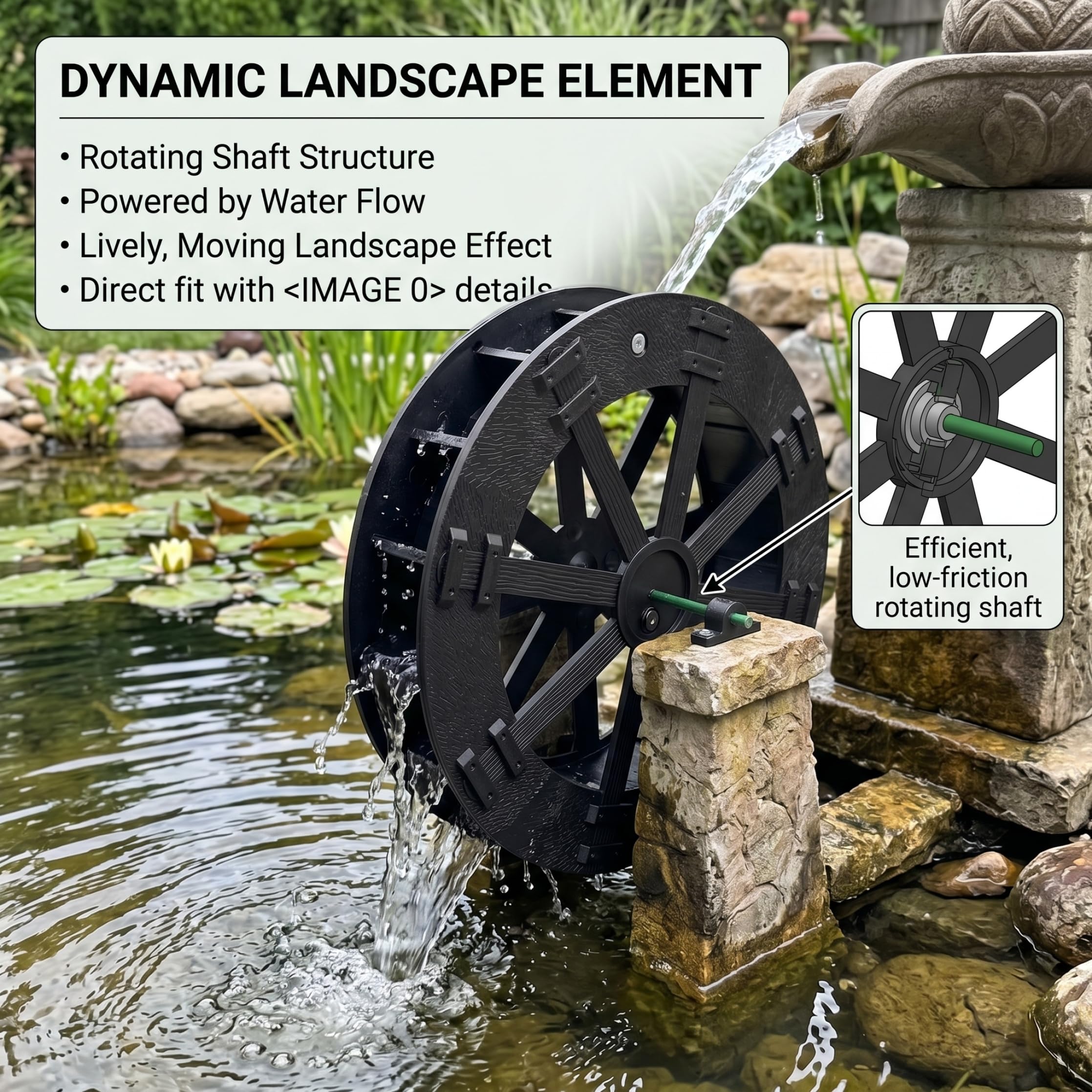Wasserradbrunnen, Wasserrad für Teich – rotierendes braunes Kunststoffornament für Aquarium, Steingarten und Gartendekoration, 8, 66 Zoll/22 cm