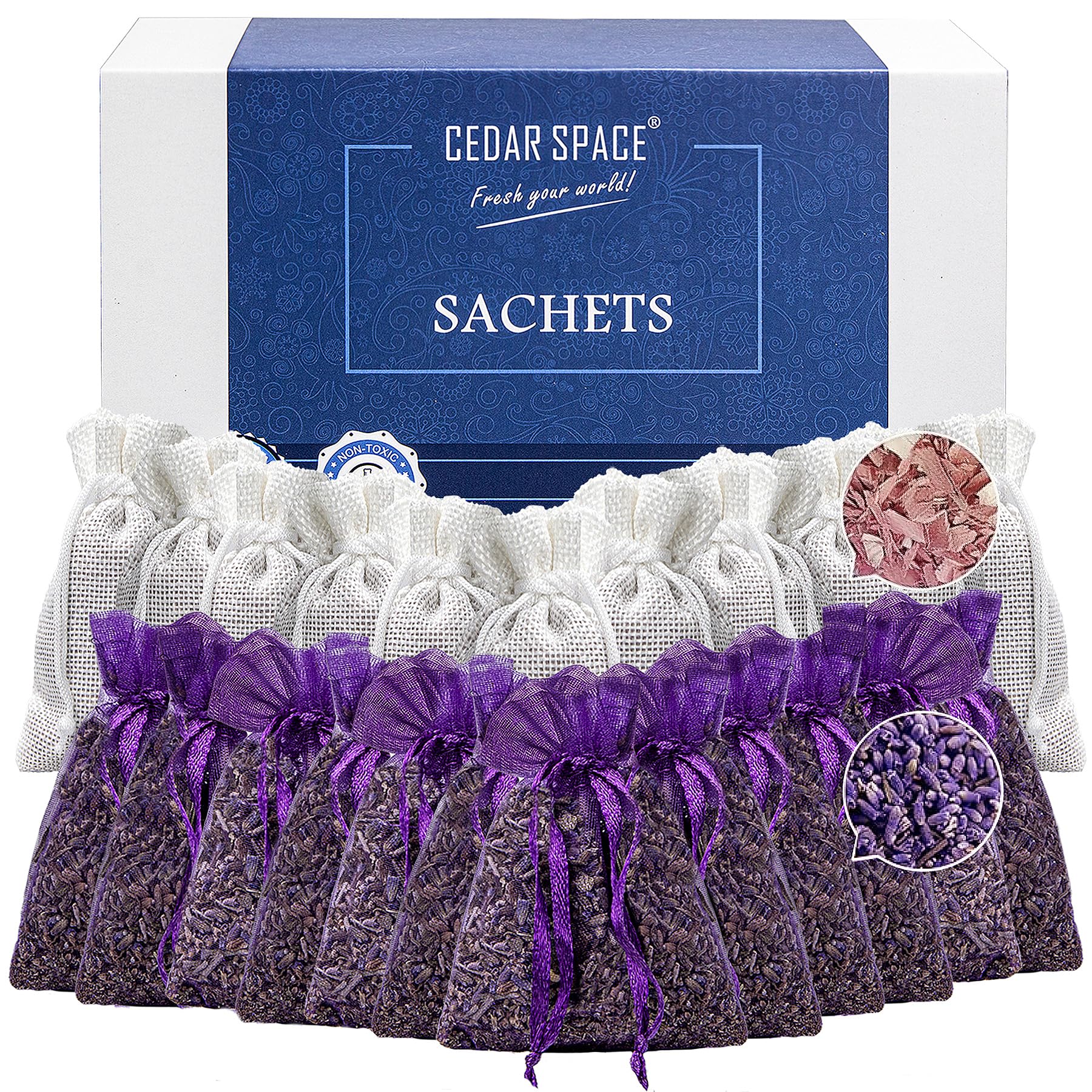 Cedar Space Lavender Sachet Bags for Drawers and Closets(24 Pack),Potpourri Bags,Dried Lavender Flowers,Cedar Blocks for Clothes Storage Scent Air Freshener, Cedar Chips Lavendar for Home Fragrance