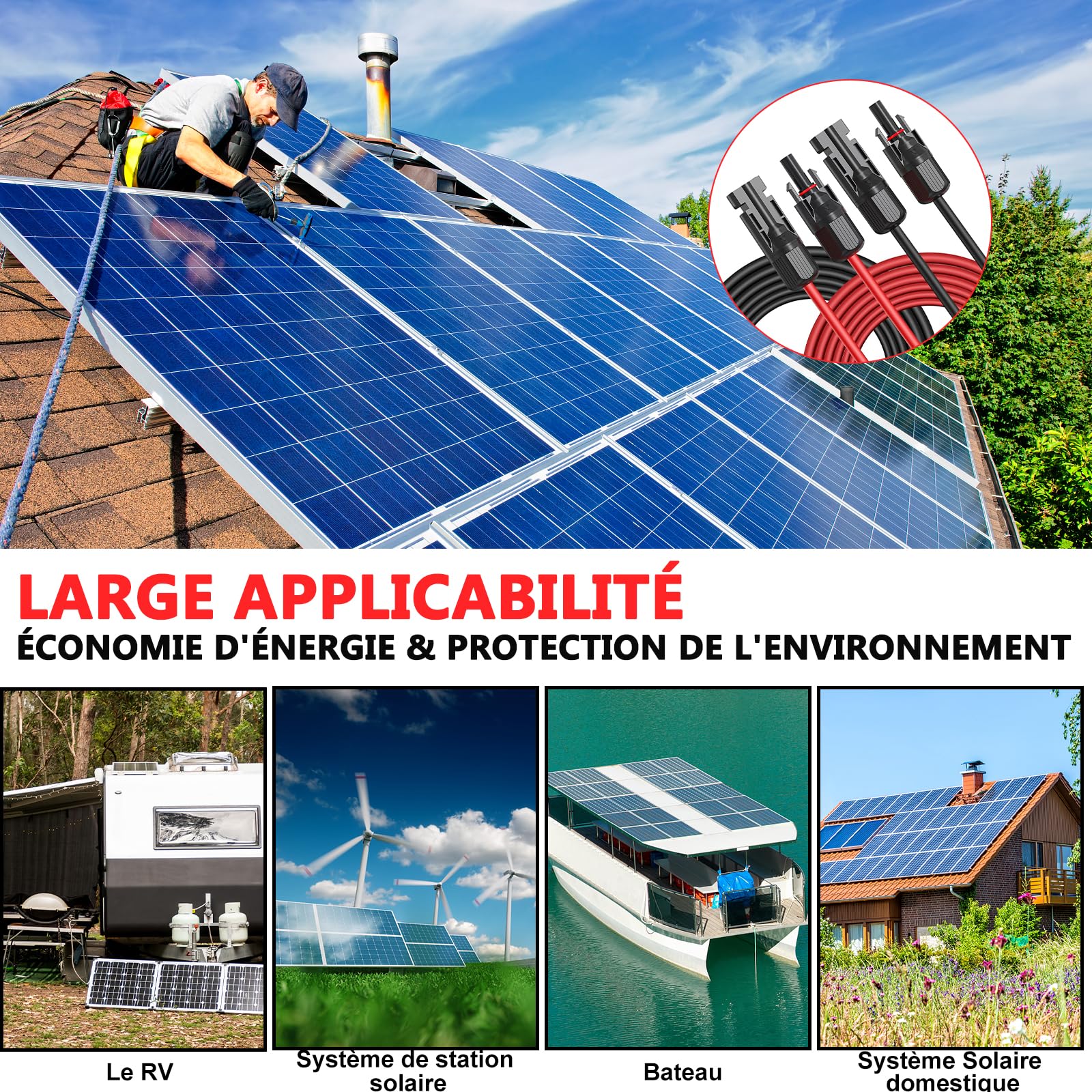 Oududianzi Cable Solaire 6mm2 5m, Rallonge Cable Panneau Solaire 1/2/3/5/8/10/15/20/30m, Étanche IP68 Câble Photovoltaïque avec Connecteurs Mâles et Femelles pour Panneaux Solaires (6mm² 5m)
