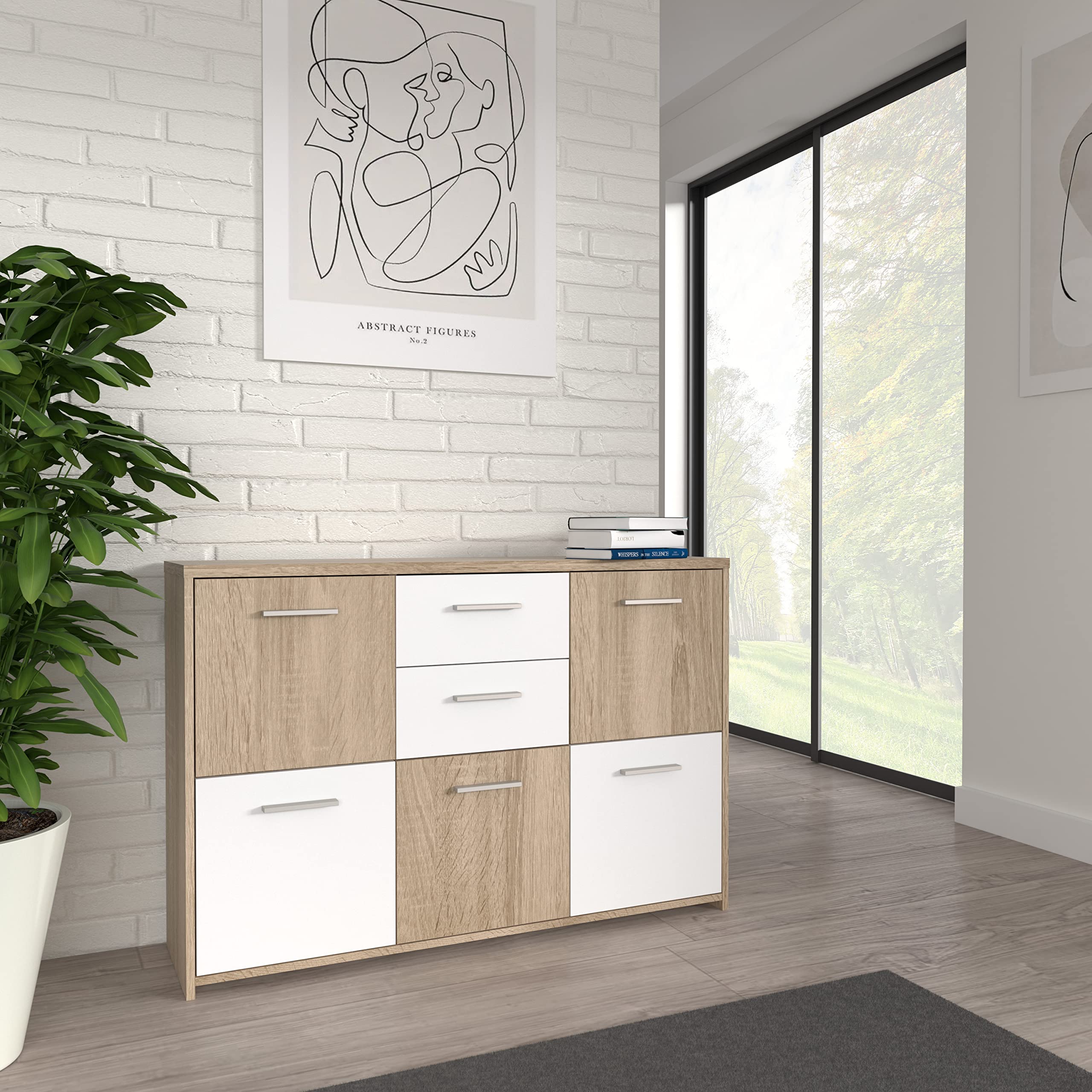 Forte QUADRO Kommode 110 120, Kommode mit 5 Türen und 2 Schubladen, Modernes Sideboard, Holzwerkstoff, Sonoma Eiche Holzdekor/ Weiß, 113,9 cm breit x 77,5 cm hoch x 29,6 cm tief