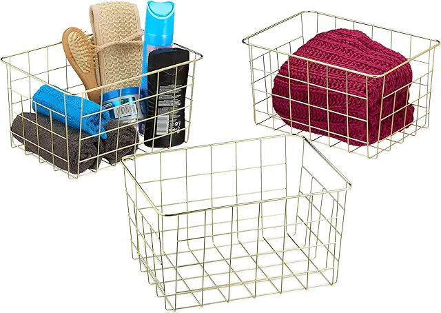 Relaxdays 3-pack Gold Metal Storage Baskets, Rectangular Grid Design