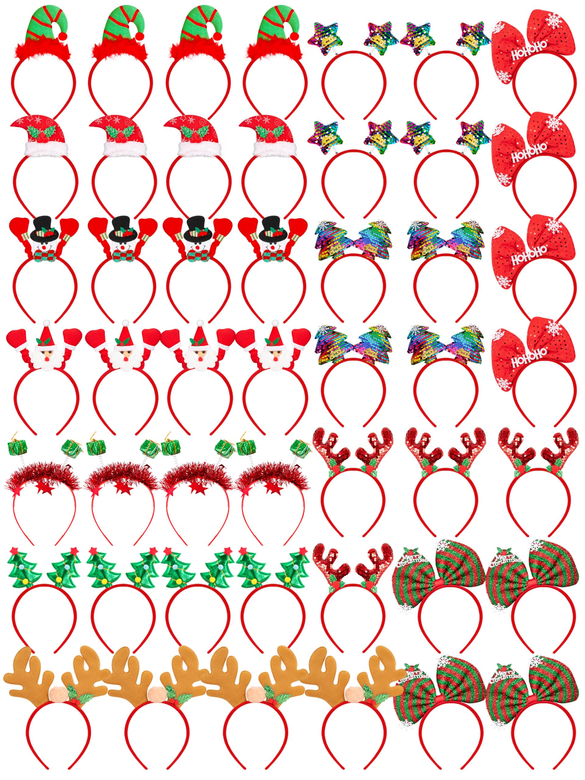 HOVACY 48 Pcs Christmas Headbands, Cute Xmas Headwear, Christmas Head Boppers Santa Tree Snowman Colorful Stars Reindeer Antler in 12 Styles for