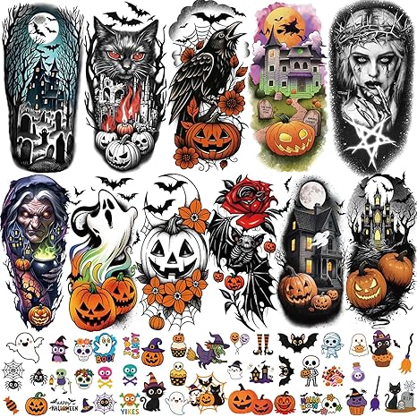 77 PCS Halloween Temporary Tattoos Adult Kids, 17 PCS Half Arm Pumpkin Bat Crow Witch Skull Fake Tattoos, 60 PCS Spider Cat Ghost Scar Tiny Realistic Face Body Tattoos Stickers for Halloween Costume