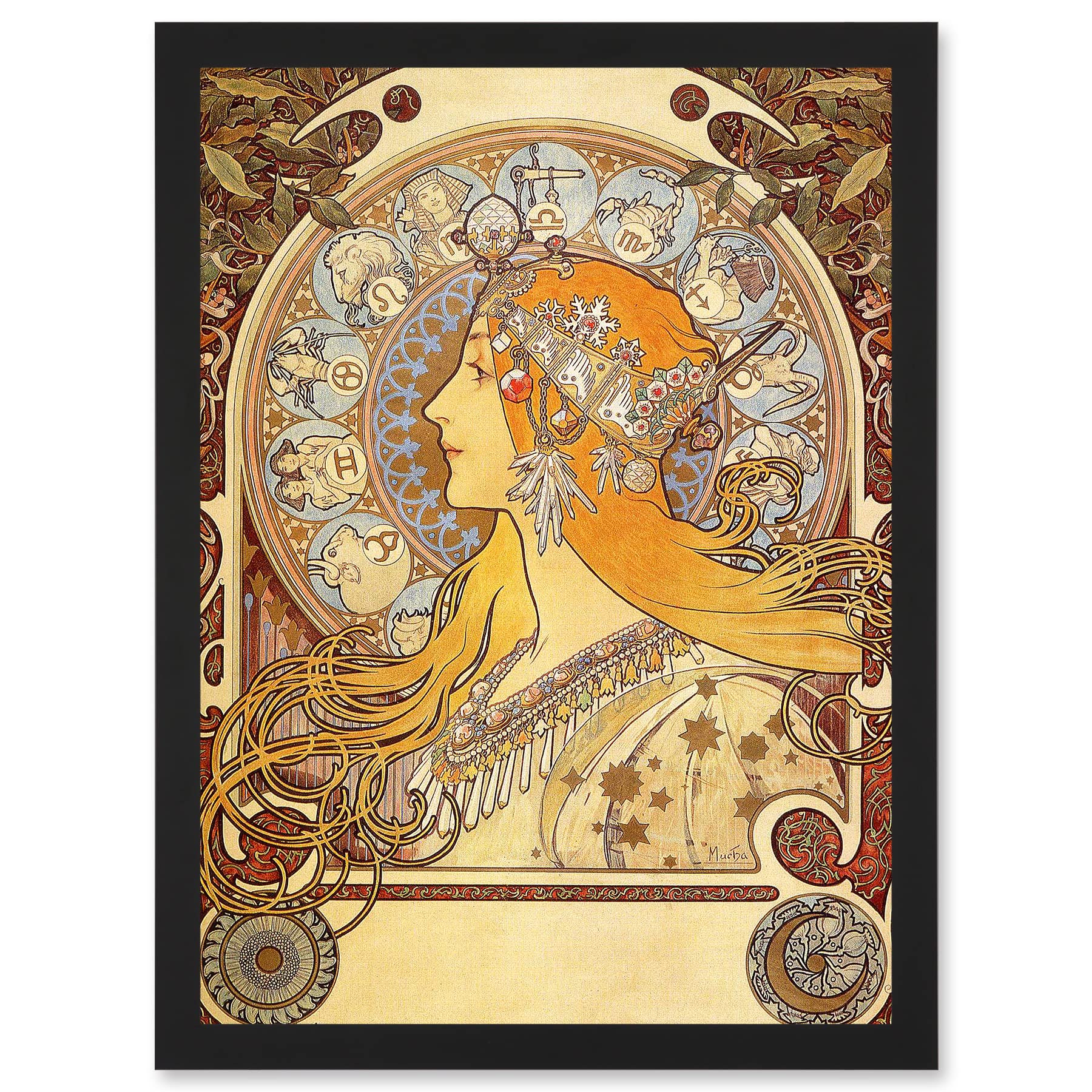 Artery8 Alphonse Mucha Zodiac 1896 Art Nouveau Orange Gold Painting A4 Artwork Framed Wall Art Print