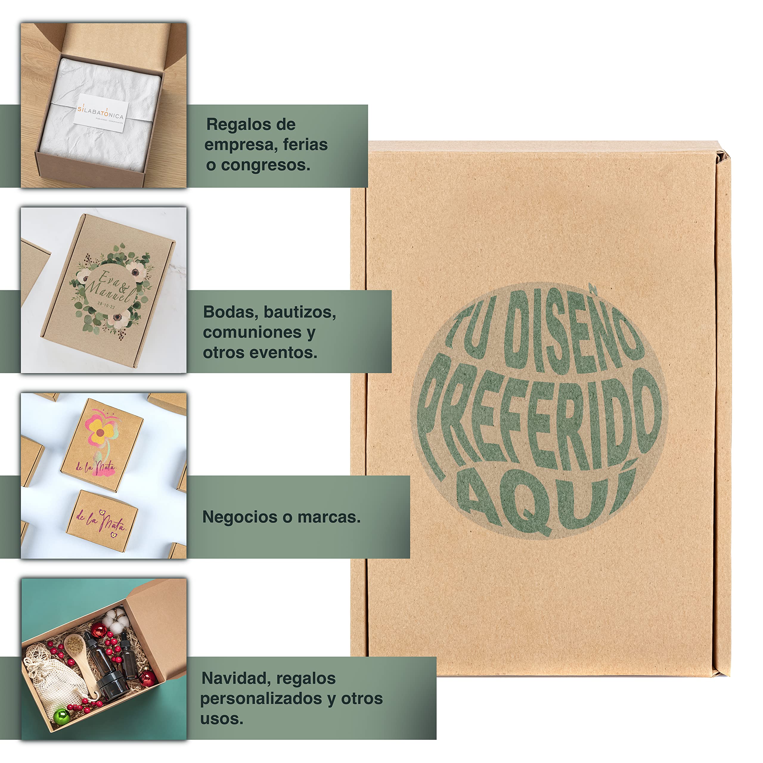 Pack 100 Cajas de Cartón Personalizadas – Logo, Dibujo, Frase Impreso en la Tapa - Fácil de Montar – La Mejor Forma de Enviar Productos o Presentar Regalos de Empresa, Navidad - 16x15x8,5cm Kraft