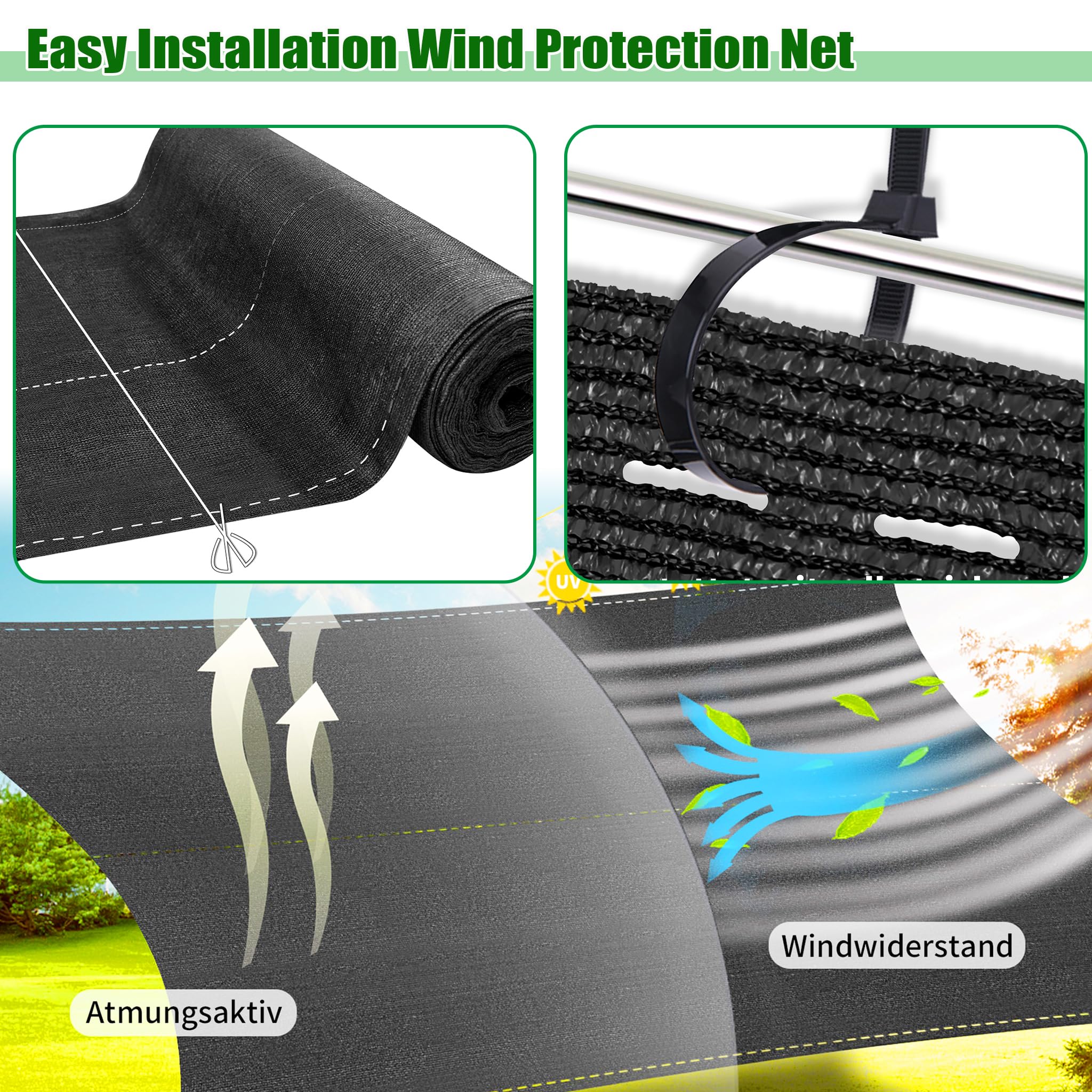 Rete antivento per esterni, 10 m, altezza 180 cm, in tessuto HDPE da 150 g/m², stabilizzata ai raggi UV e resistente alle intemperie, con fori e fascette (verde, 18 m²)