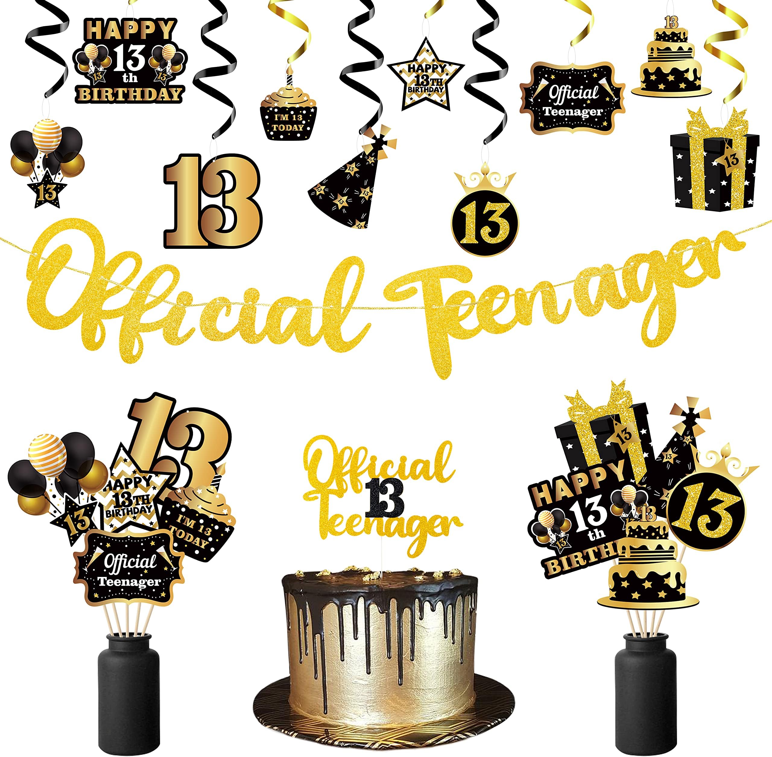WATINC 13th Birthday Banner Party Decoration, Glitter Birthday Hanging Garlands Swirls Signs for 13 Year Old Boys Girls Official Teenager, Birthday Cake Topper Centerpieces Decor Kids Party Supplies