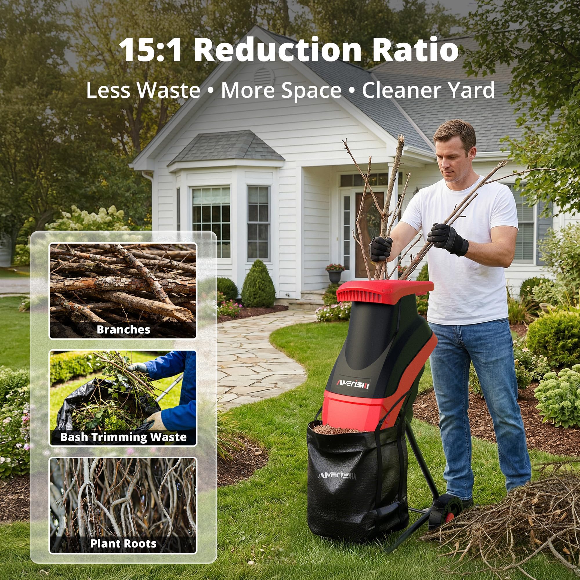 AMERISUN Trituradora de Madera eléctrica de 15 amperios, trituradora de jardín de 4200 RPM con Capacidad de Rama de 1,75 Pulgadas, Bolsa de Recogida de 50 l y Ruedas de 7 Pulgadas, mulcher Ligero de