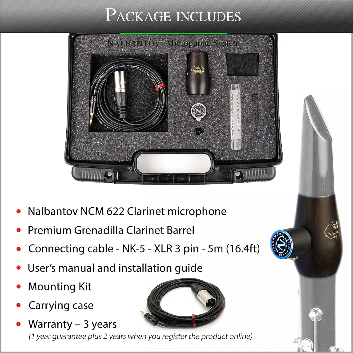 Clarinet Microphone NCM 622 SC Set: Pickup System, Grenadilla Clarinet Barrel, Cable and More