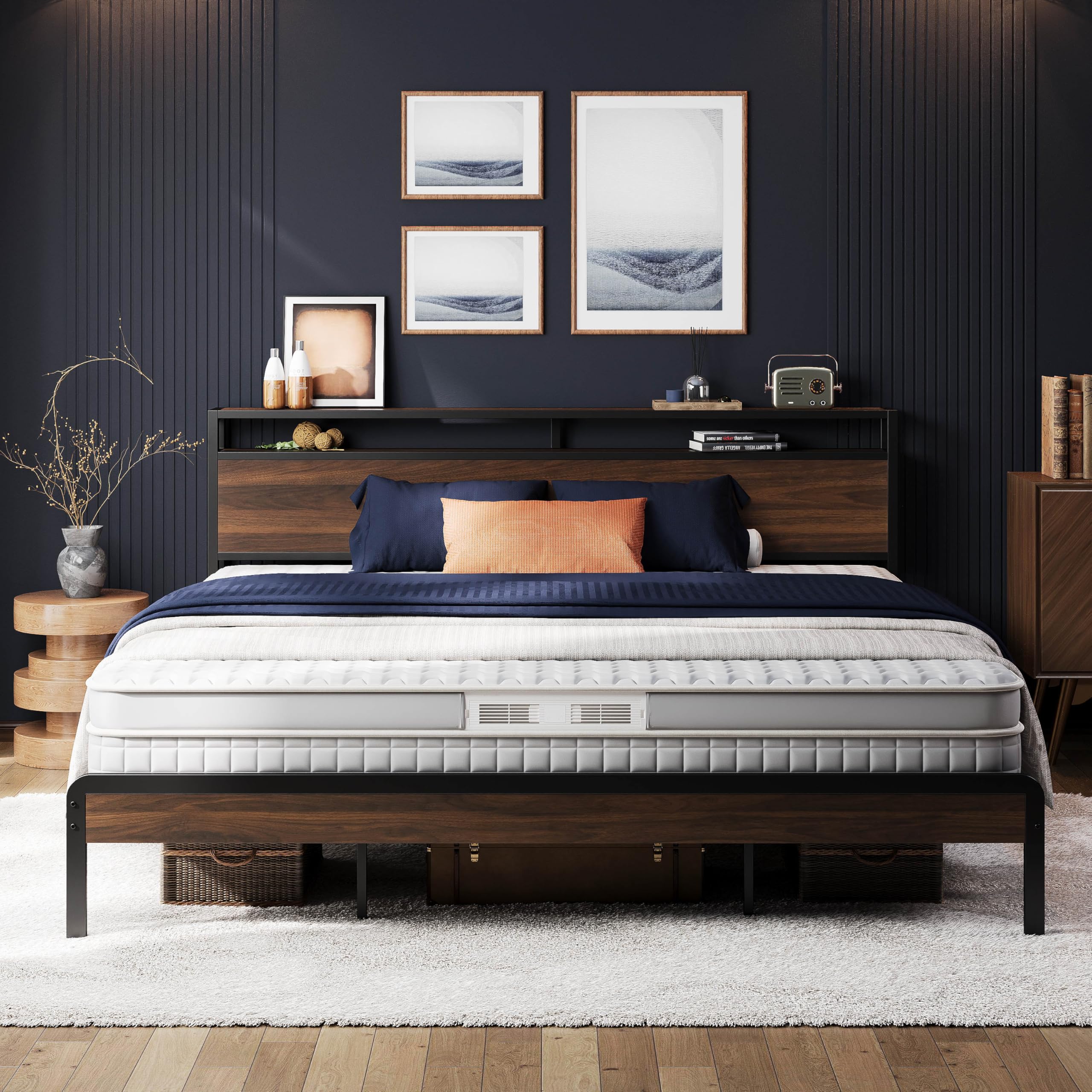 LIKIMIO King Bed Frame with Headboard Dark Wood Camas King with Strong Supports Sturdy Noise-Free No Box Spring