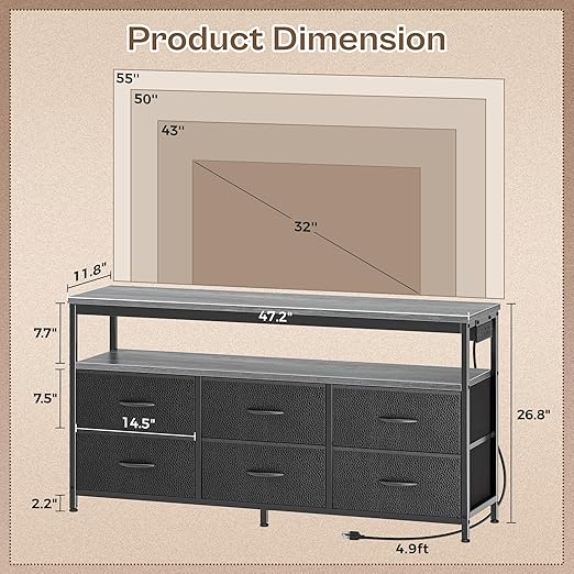 Huuger LED TV Stand for Bedroom, 47 Inch Fabric Dresser with Power Outlets, Entertainment Center for 55, 50, 43 Inch TV, 6 Drawer Dresser for Bedroom, Chest of Drawers with Shlef, PU Leather, Grey thumbnail 2