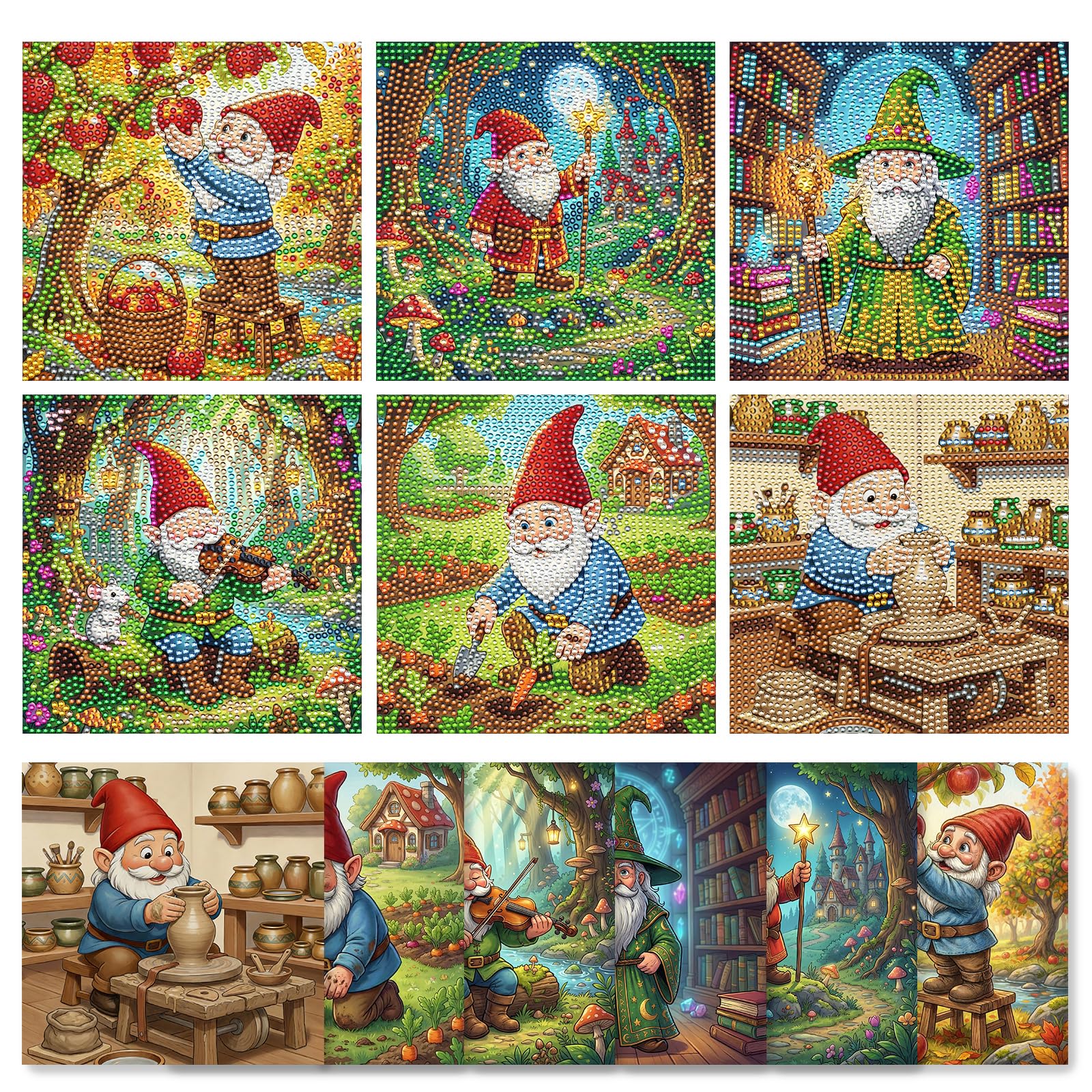 MOWOT 6 Pack Diamond Painting Kits for Adults, Garden Gnome & Forest 5D DIY Diamond Art Kits, Full Drill Gem Paintings by Number, Stress Relief Crafts for Desktop Decor & Small Gift (5.9x5.9 Inch)