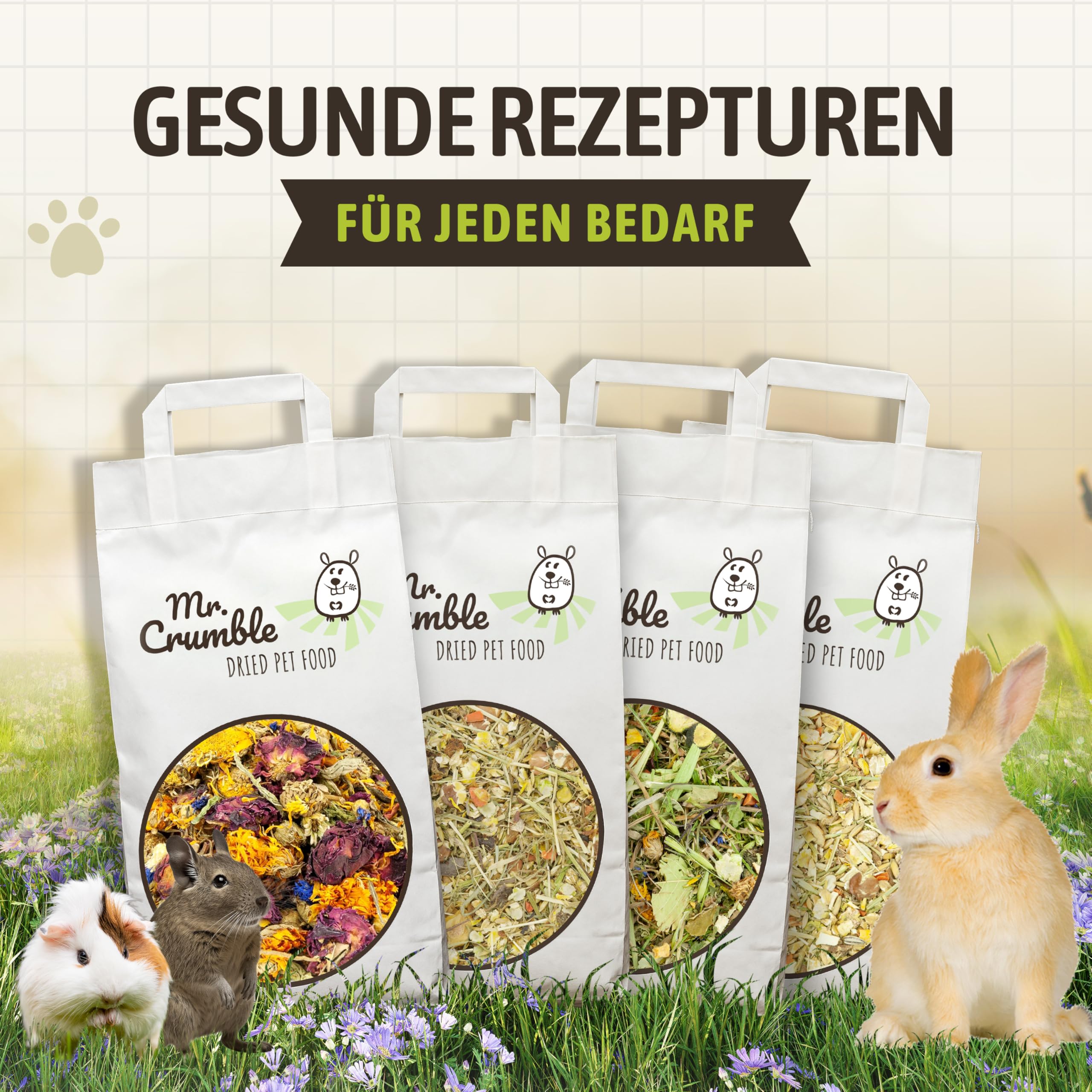 Mr. Crumble Blüten-Kräuter-Mischung 5kg – Getreidefrei - 100 % Pflanzenpower für Kaninchen, Degus & Nagetiere – mit viel Rohfaser – Ohne Zusatzstoffe – Naturnahe Tiernahrung