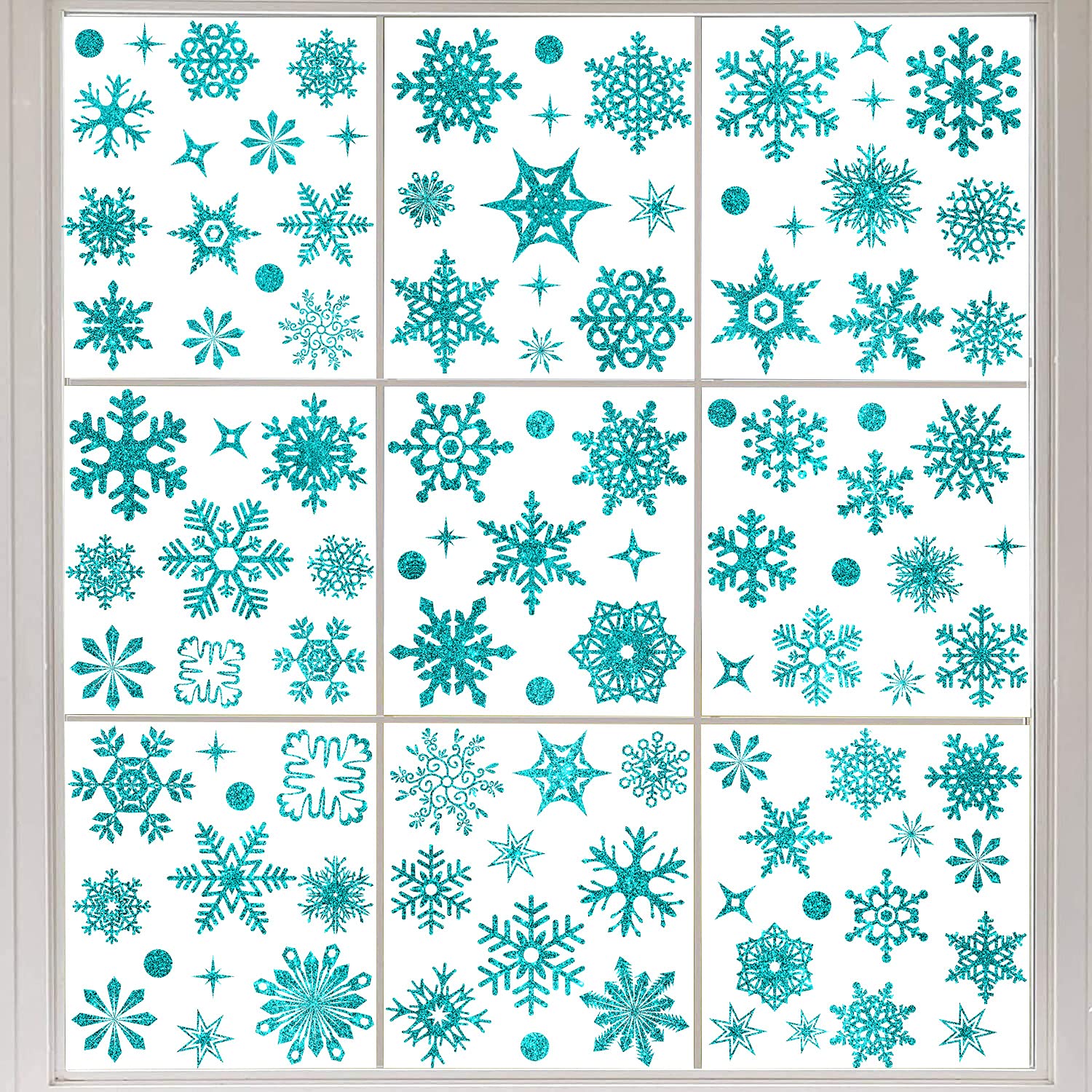 Amaonm Removable 93PCS Christmas Static Glitter Snowflake Windows Decals Christmas Party Supplies Decoration Sticker Christmas Decor for Home Room Offices Supermarket Shop Window Glass Door (Blue)