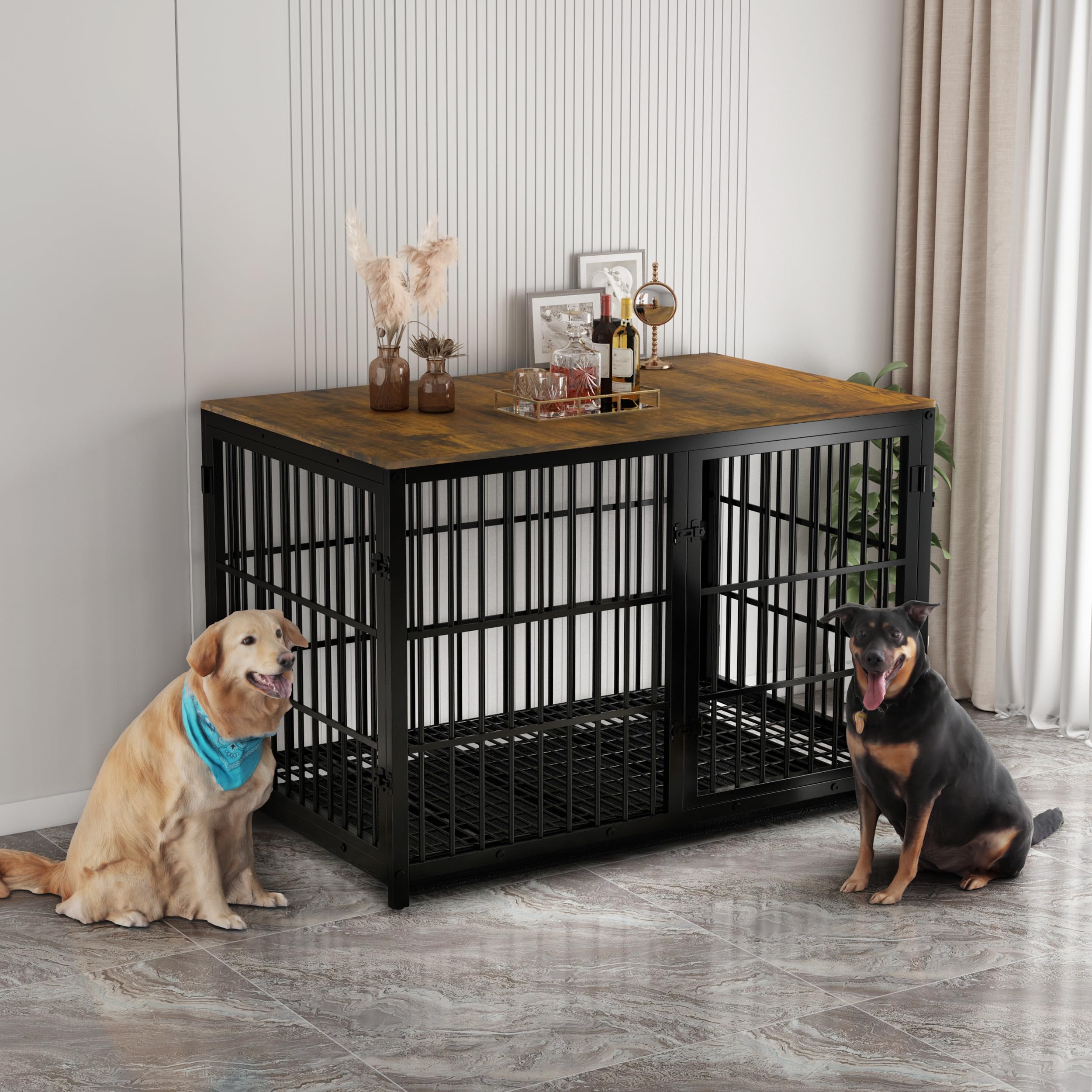 Meuble Cage Chien Bois Intérieur: Niche pour Chien XXL, Table d’Appoint - Maisonnette pour Chien avec 3 Porte et Plateau Amovible, Noir 120x77x81.5cm