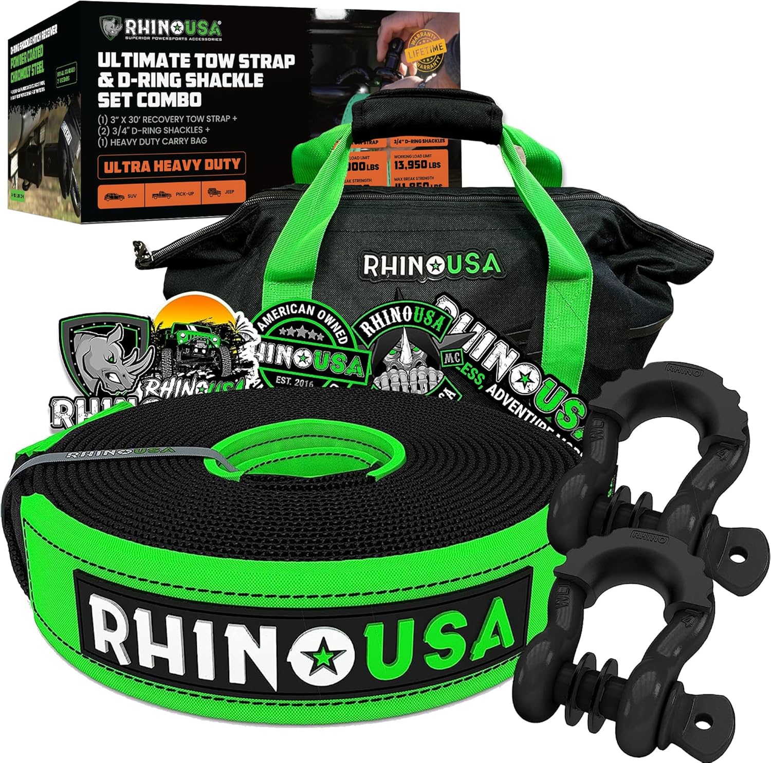 Rhino USA Heavy-Duty Recovery Gear Combos Off-Road Truck Vehicle Recovery, Best Offroad Towing Accessories - Backed for Life (30' Strap + Shackles)