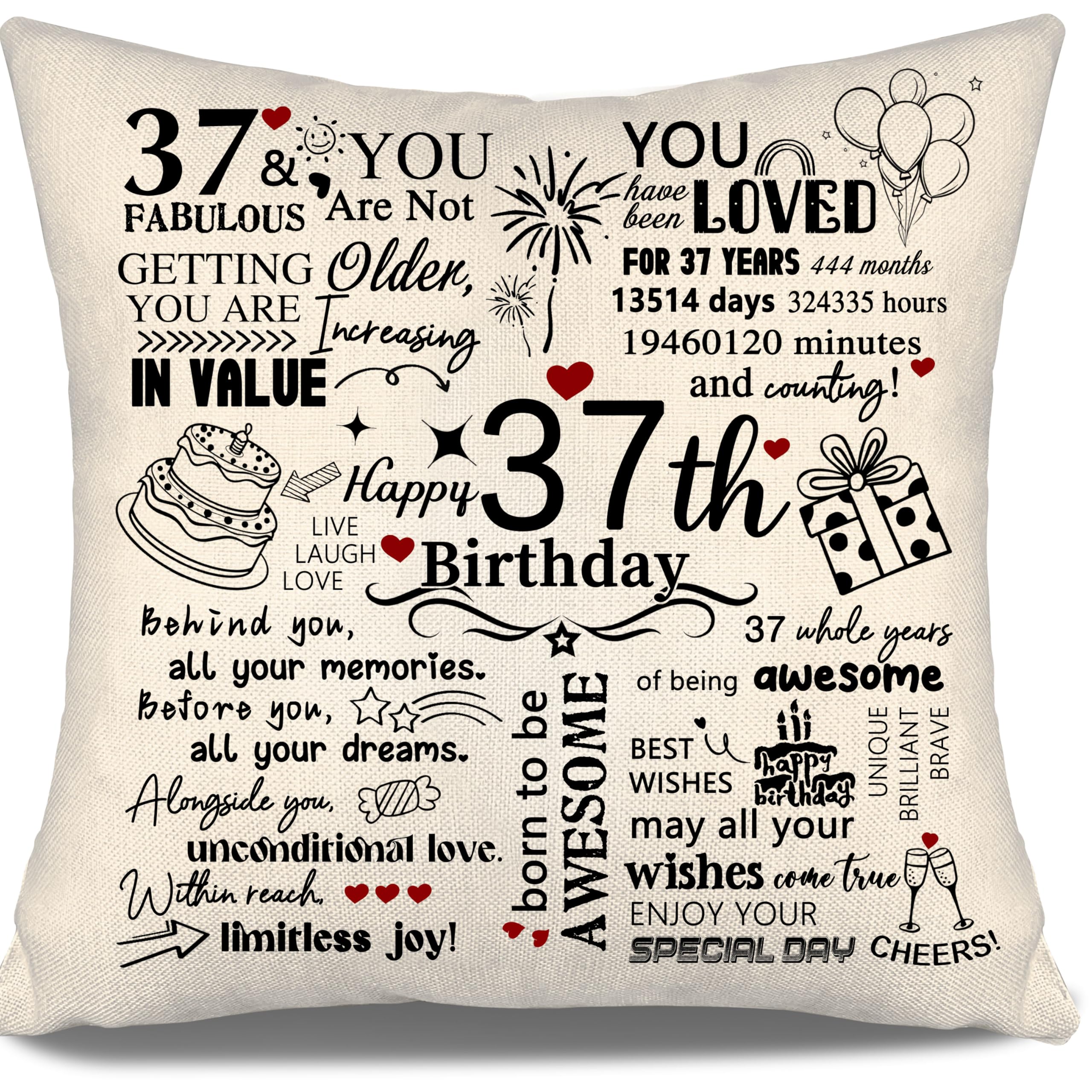 37th Birthday Gift Cushion Cover for Mum Dad Aunt Uncle Daughter Cousin Friend Colleague Girlfriend Boyfriend Wife Husband 37 Years Old Women Men Gift Inspirational Cushion Cover Happy Birthday (37)