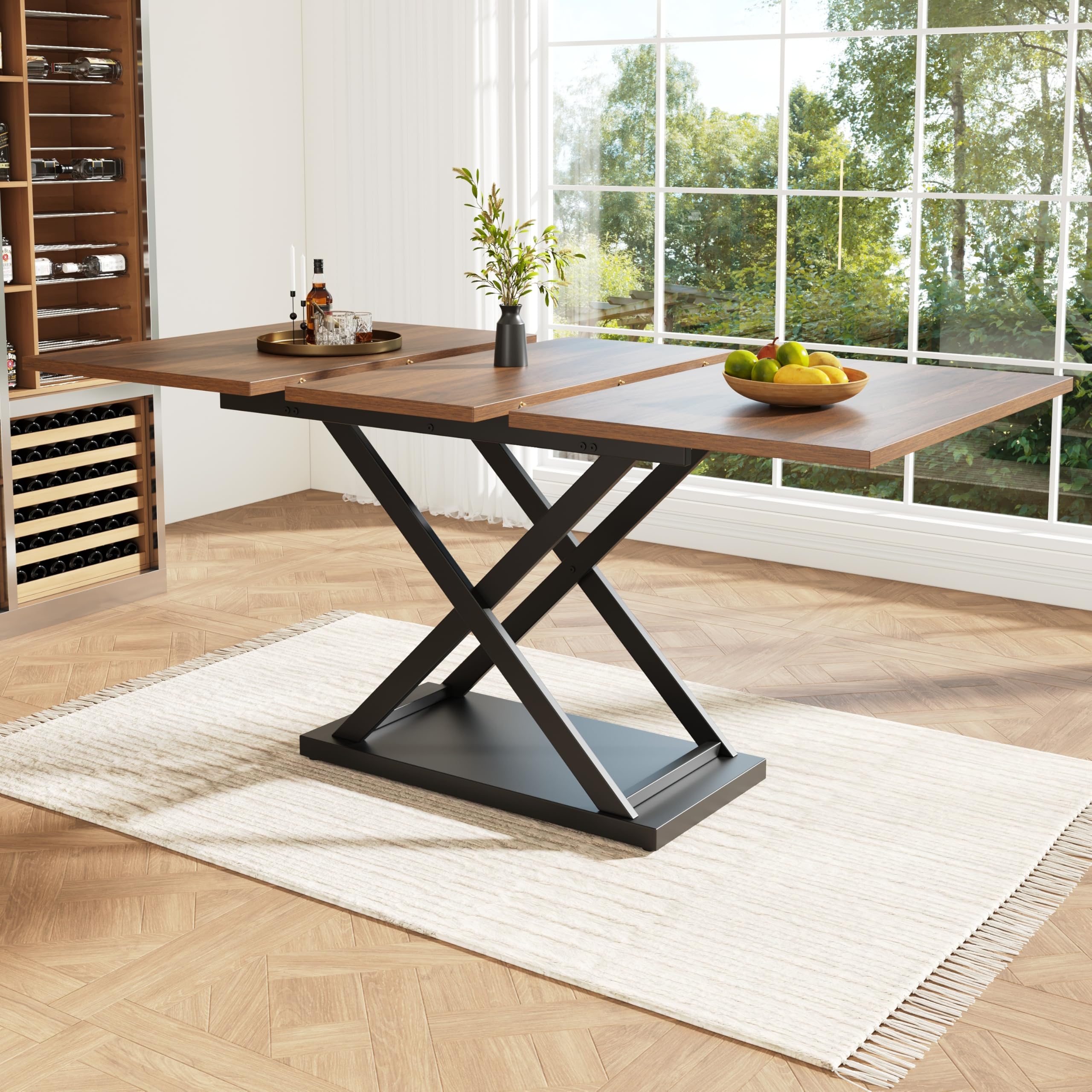 Wysuwany stół do jadalni, drewniany stół kuchenny, 120-160 x 80 x 75 cm, siedzenia, 4-8 metalowych nóżek, podpórka krzyżowa, nowoczesny design, do jadalni i kuchni