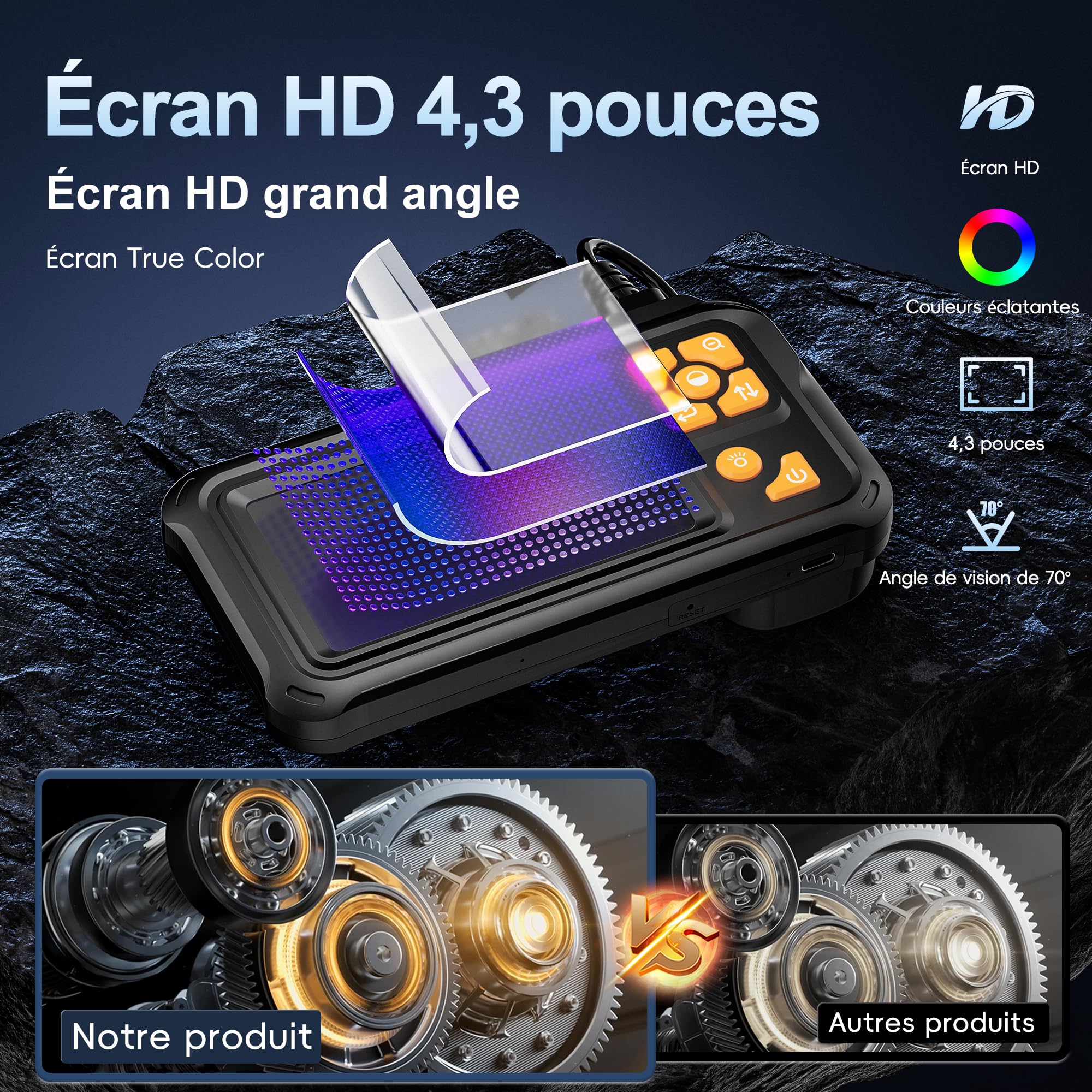 Endoscope Industriel, Yamokizy Caméra d'inspection IPS 4.3" Pouces, 1080P HD Caméra Endoscopique avec 8 LED réglables, Serpent Étanche IP67 de 8mm, Câble Semi-Rigide de 10M