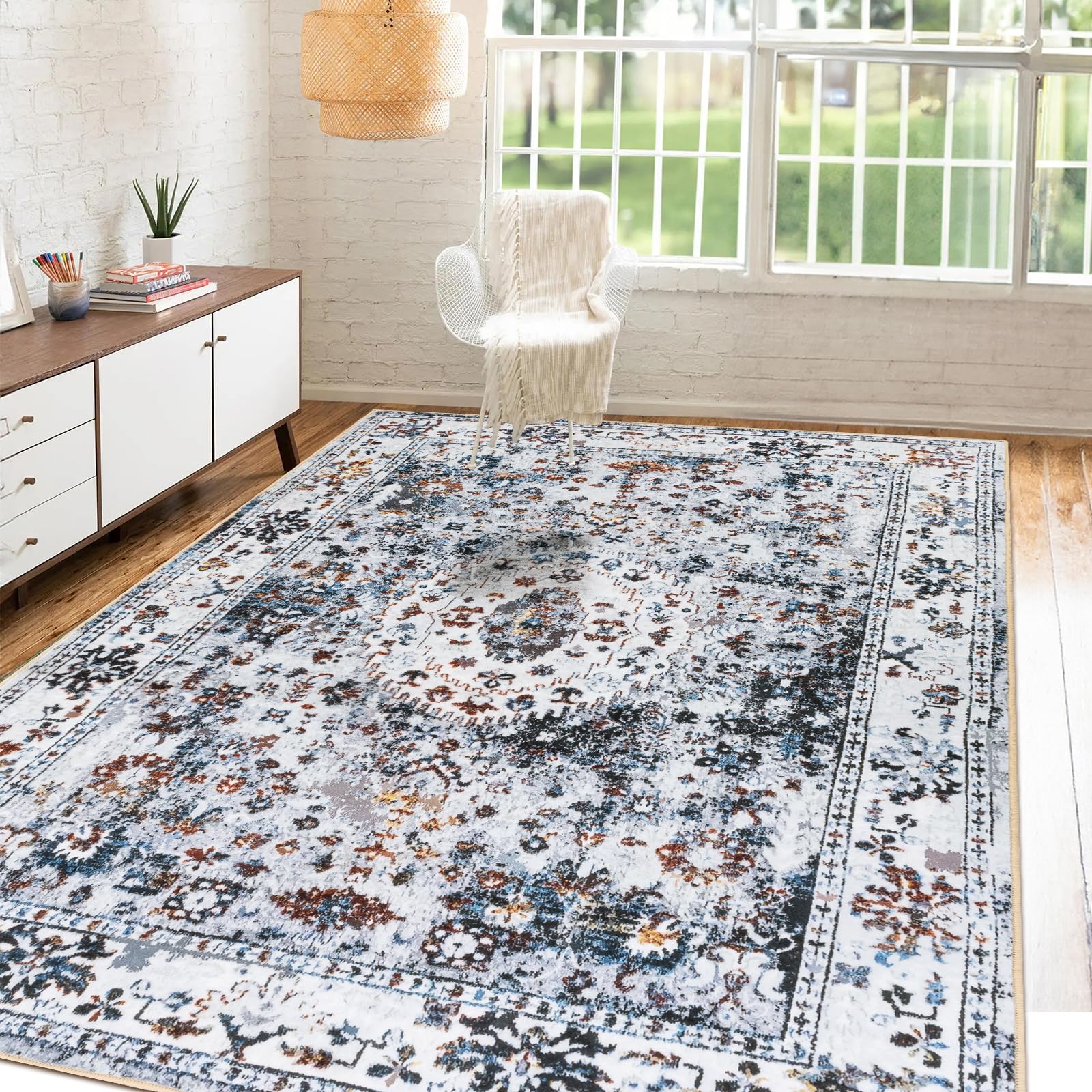 JML Machine Washable 3x5ft Area Rug,Foldable Vintage Living Room Area Rug,Low Pile Non-Slip Rug Retro Bohemian Style Rug for Bedroom Living Room Dining Room,Blue