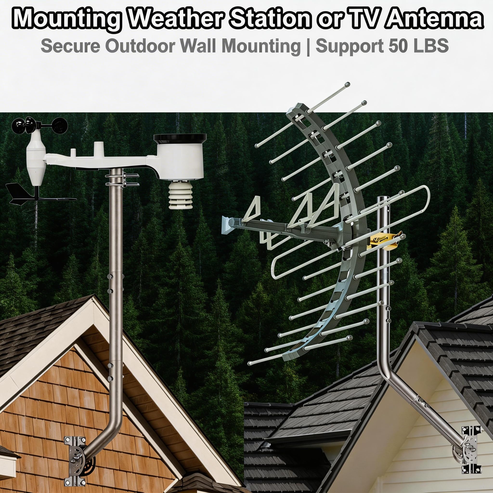 Support d’Antenne en J avec Bride de Fixation, Support Mural ou sur Poteau pour Starlink, Antenne TV, WiFi et Station Météorologique, Acier Résistant aux Intempéries, Kit Complet