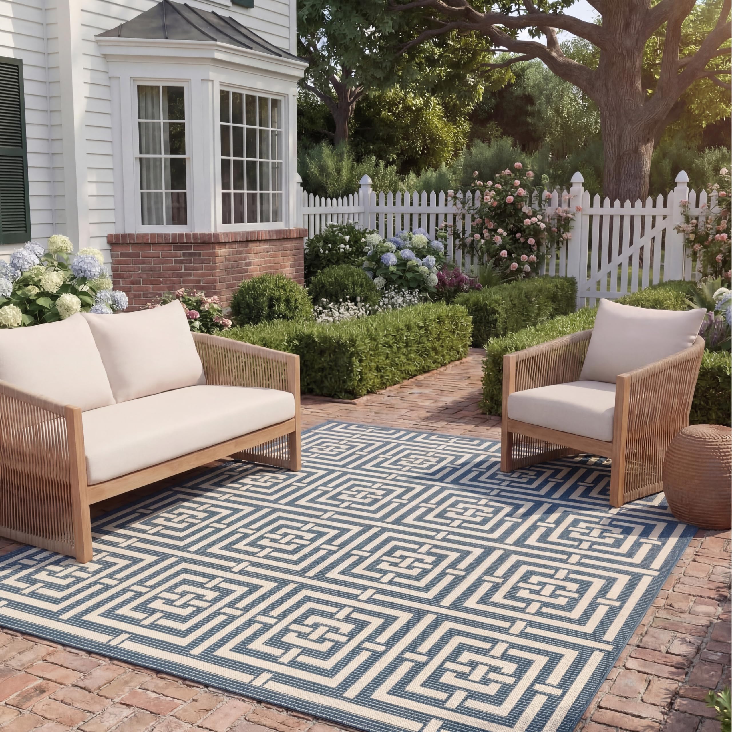 SAFAVIEH Courtyard Collection 8' x 11' Navy/Beige CY6937 Indoor/ Outdoor Splashproof Easy Scrubbing Patio Backyard Mudroom Area Rug