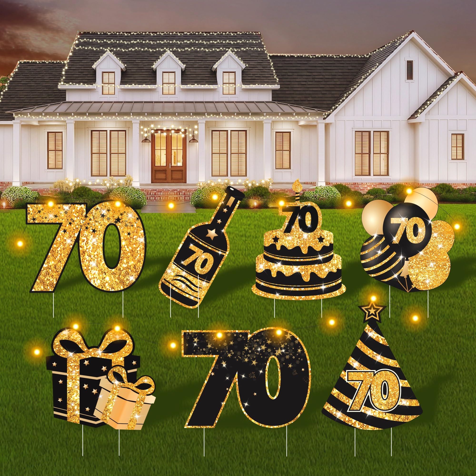 70th Birthday Decorations for Men &amp; Women - 7 Pcs Birthday Yard Signs with Stakes, LED Lights &amp; Double-Sided Tape | Happy 70th Decor | Outdoor/Indoor Party Favors, Photo Props &amp; Lawn Decorations