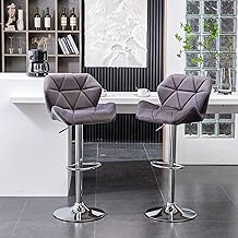Modern Bar Stools Set of 2: Gray Velvet Diamond Tufted Swivel Adjustable Height - Kitchen Counter Stools with Chrome Base & Footrest for Hotel Rooms & Commercial Spaces