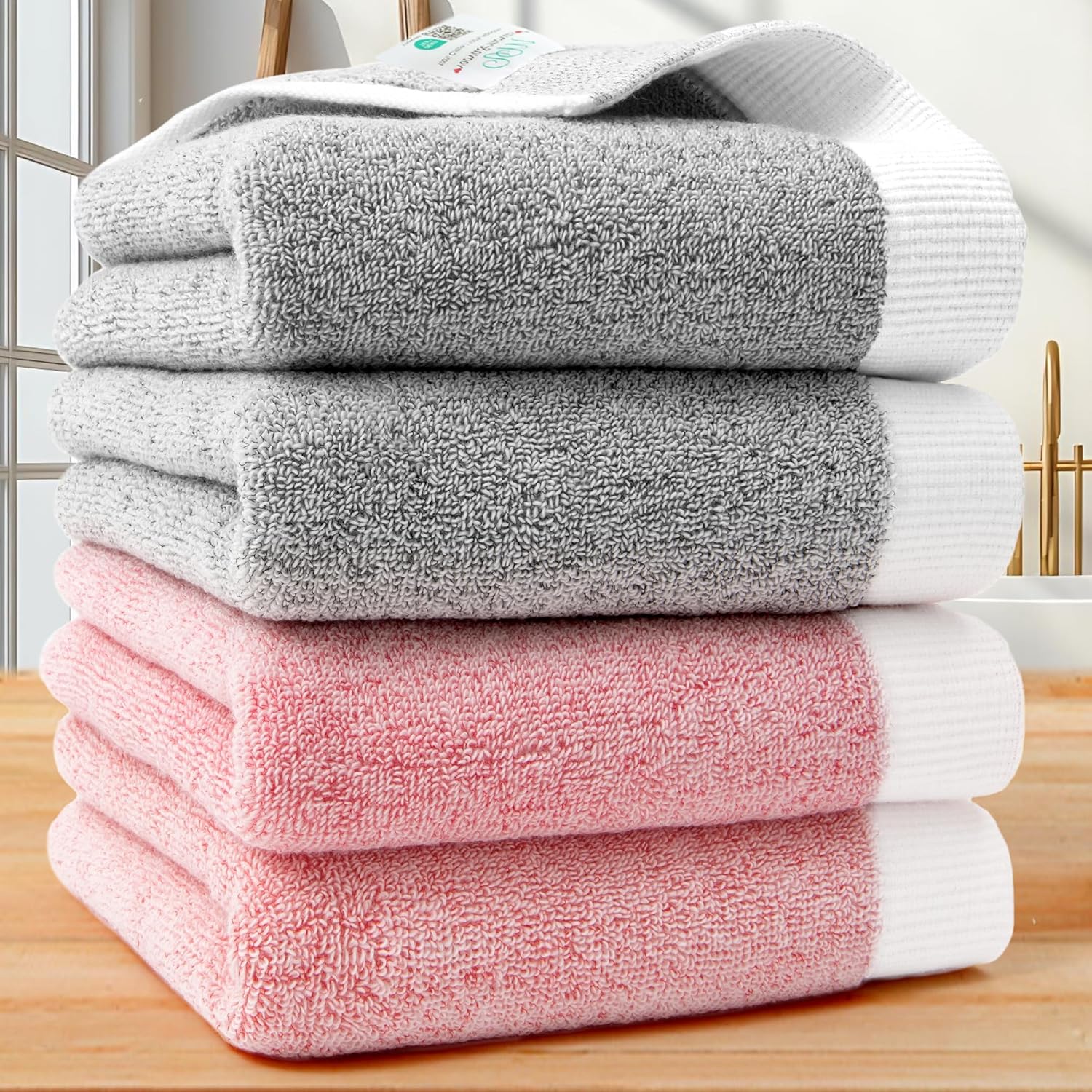 Bathroom Hand Towels Set of 4, 13"x28" - 100% Cotton | Soft | Thick 460GSM | Absorbent | Fluffy | Terry Cloth, Plush Hand Towels for Showering & Bathroom, Grey and Pink Towel with White Trim