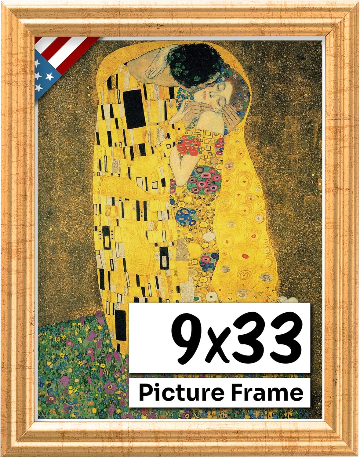 Antique Gold 9x33 Picture Frame .75" Inch Wide - Gold Wall Decor Handmade Solid Wood Frames with Preinstalled Hangers and UV Blocking Plexiglass 33x9 Frame