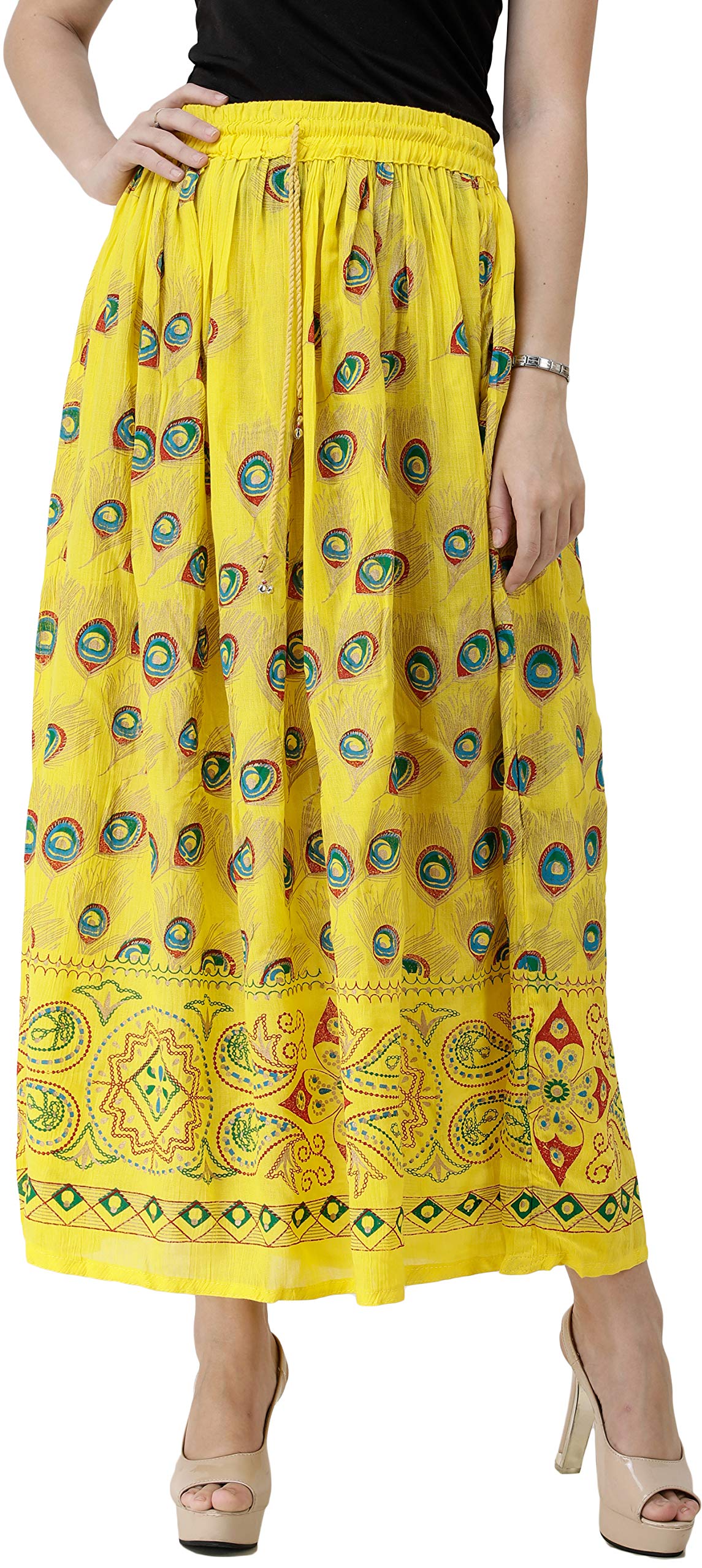 Long Skirt with Printed Peacock Feathers-image-35