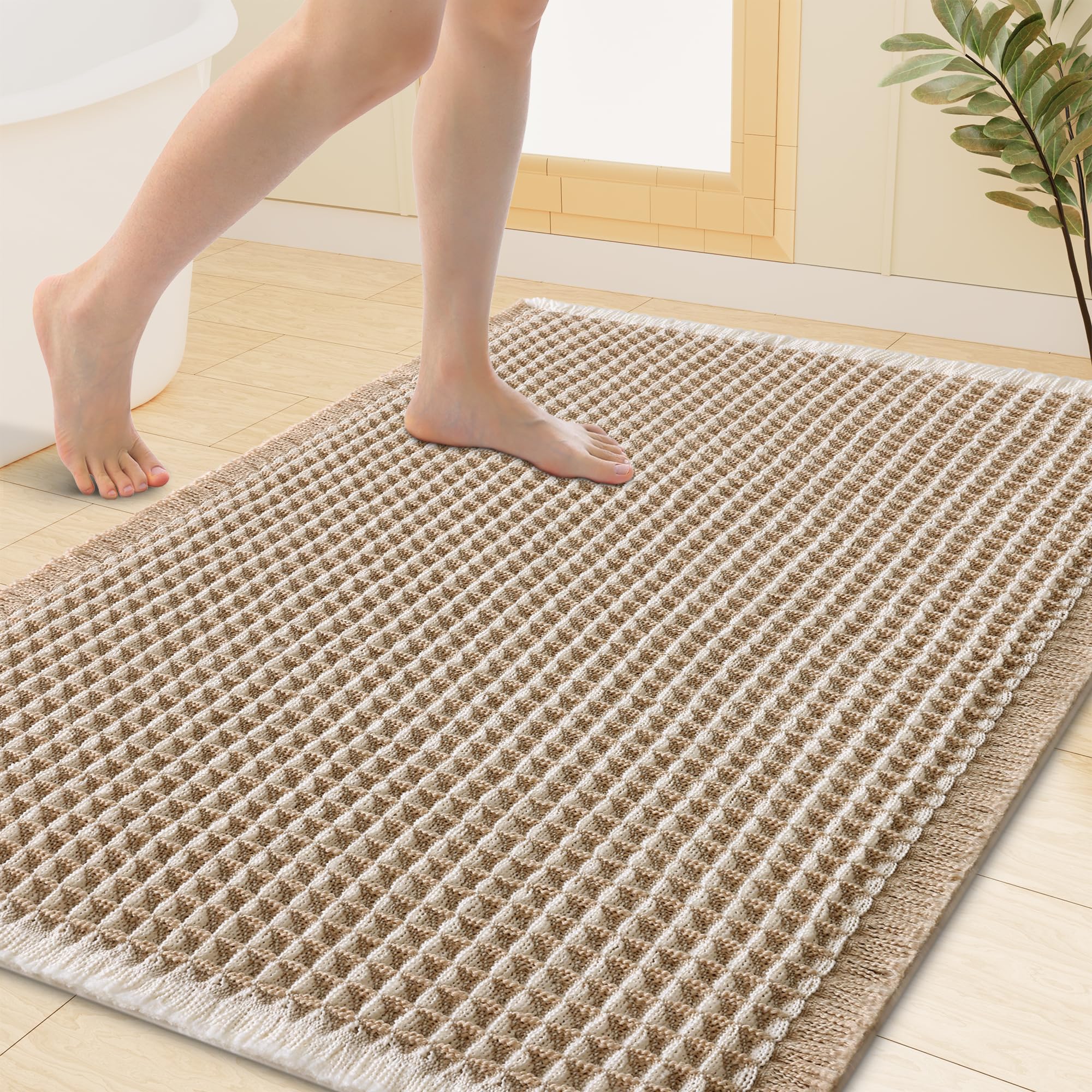 Smiry Waffle Bath Mat 40X32, Soft Absorbent Bathroom Rugs, Brown &amp; Cream