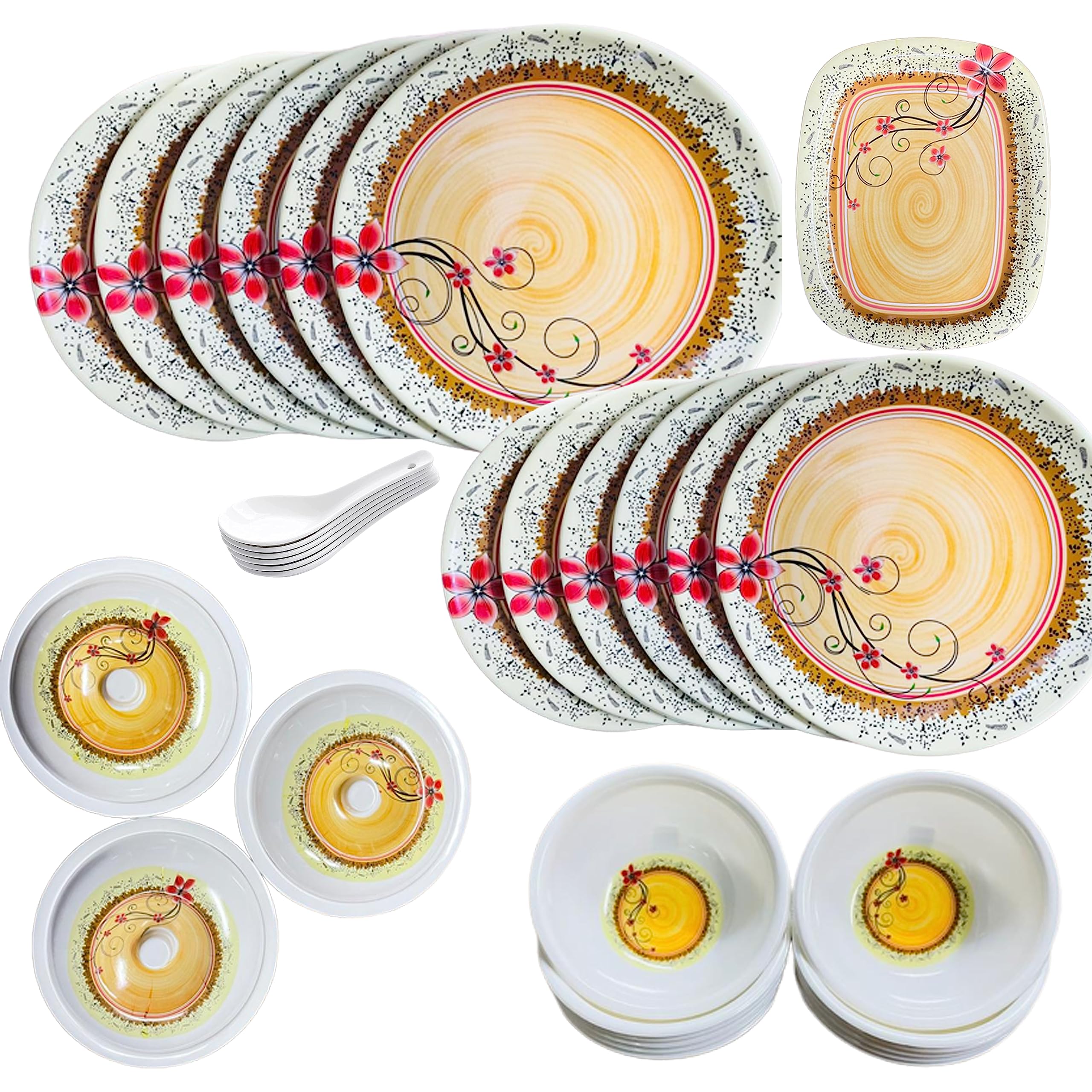 GREENISH Premium Melamine Designer Dinner Set Multicolor (Phoenix) in 40Pcs