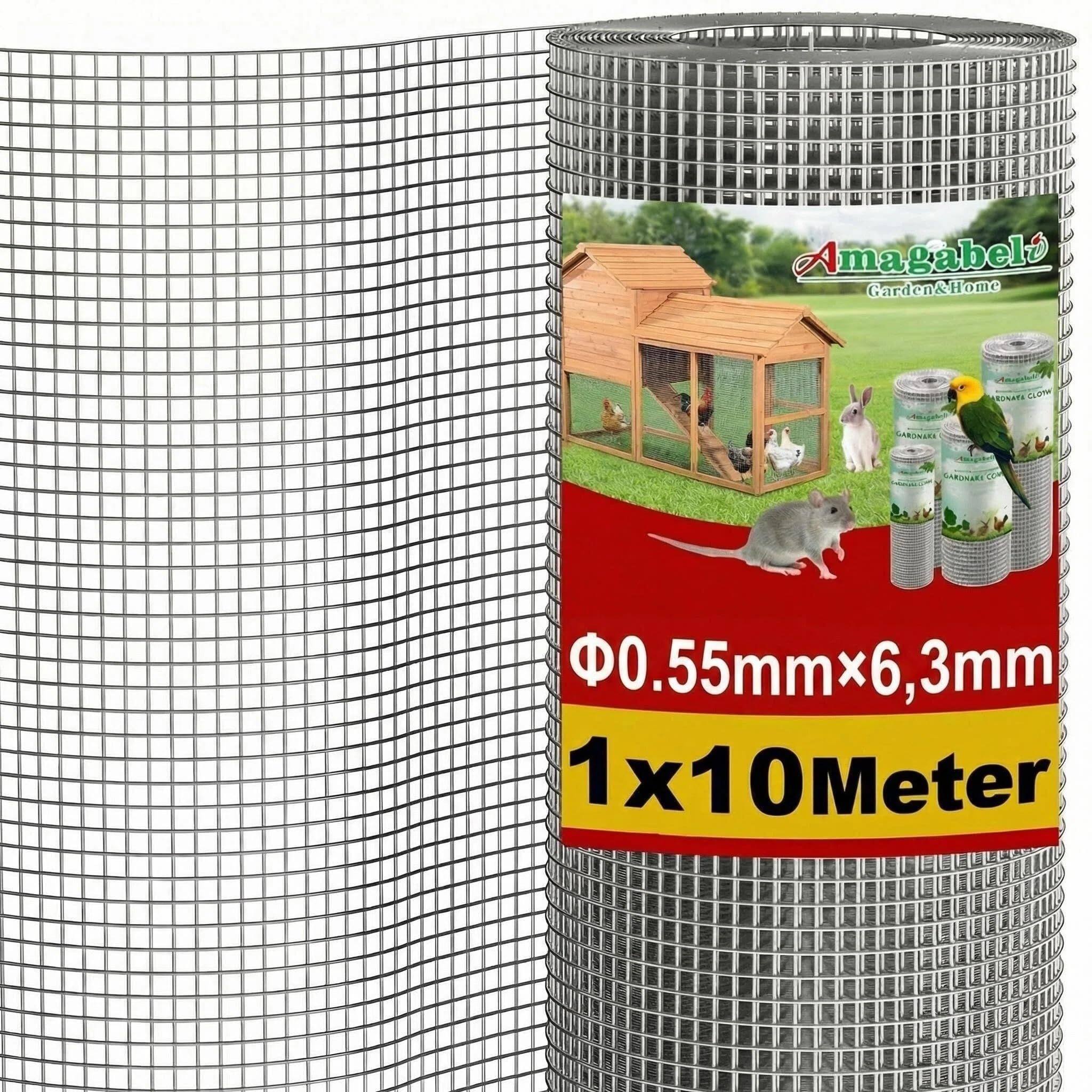 Amagabeli Galvanisé Mailles Carrées Fil Épais 0.55mm Maille 1.0M X 10M, Mailles(6x6mm) Grillage Soudé Pour poulailler, Clôture de Jardin et Volière